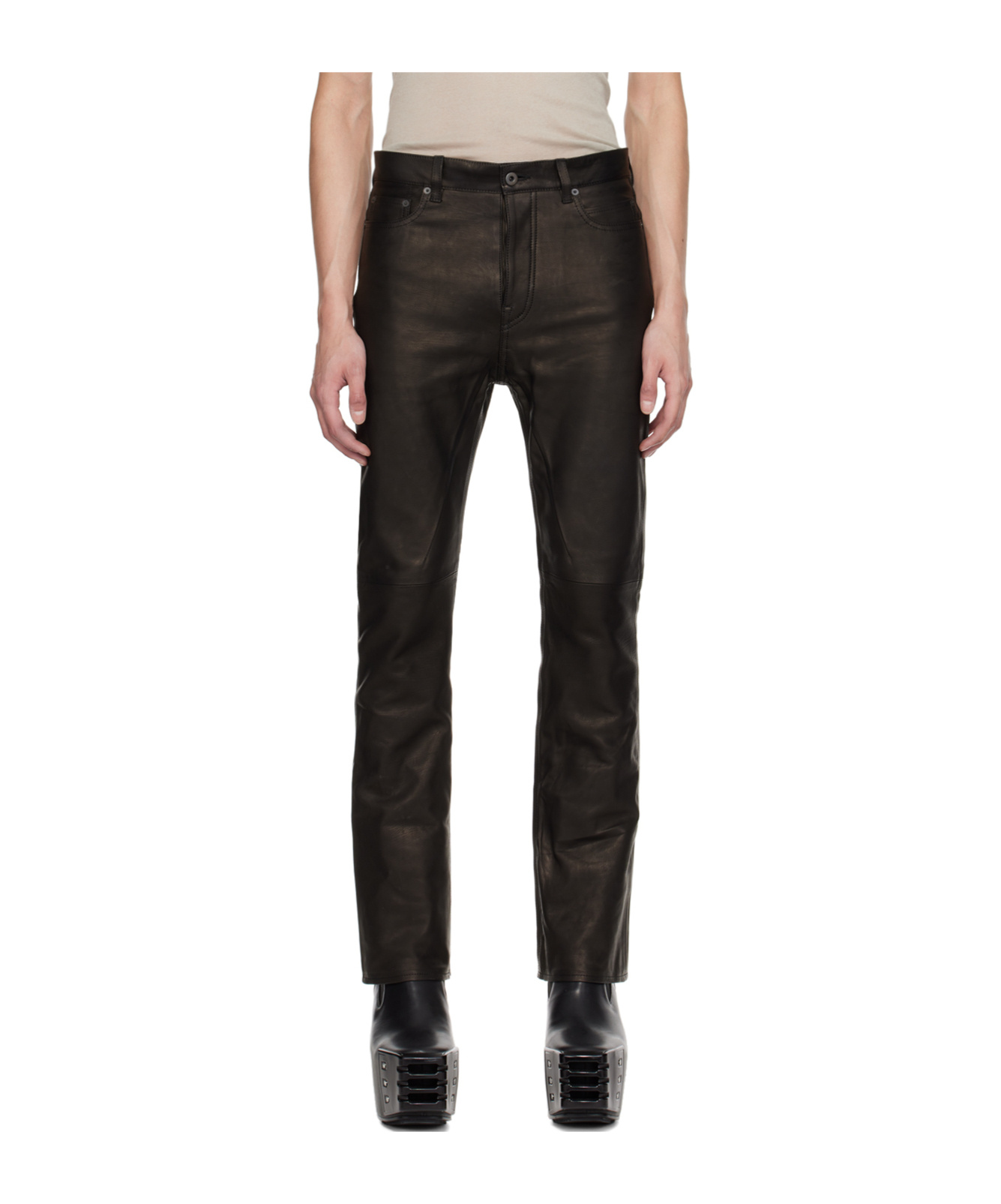 Rick Owens Black Jim Cut Leather Pants In Brown
