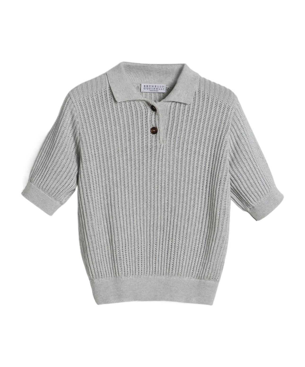 Brunello Cucinelli Sparkling Cotton Openwork Rib Knit Polo Shirt In Fog Color