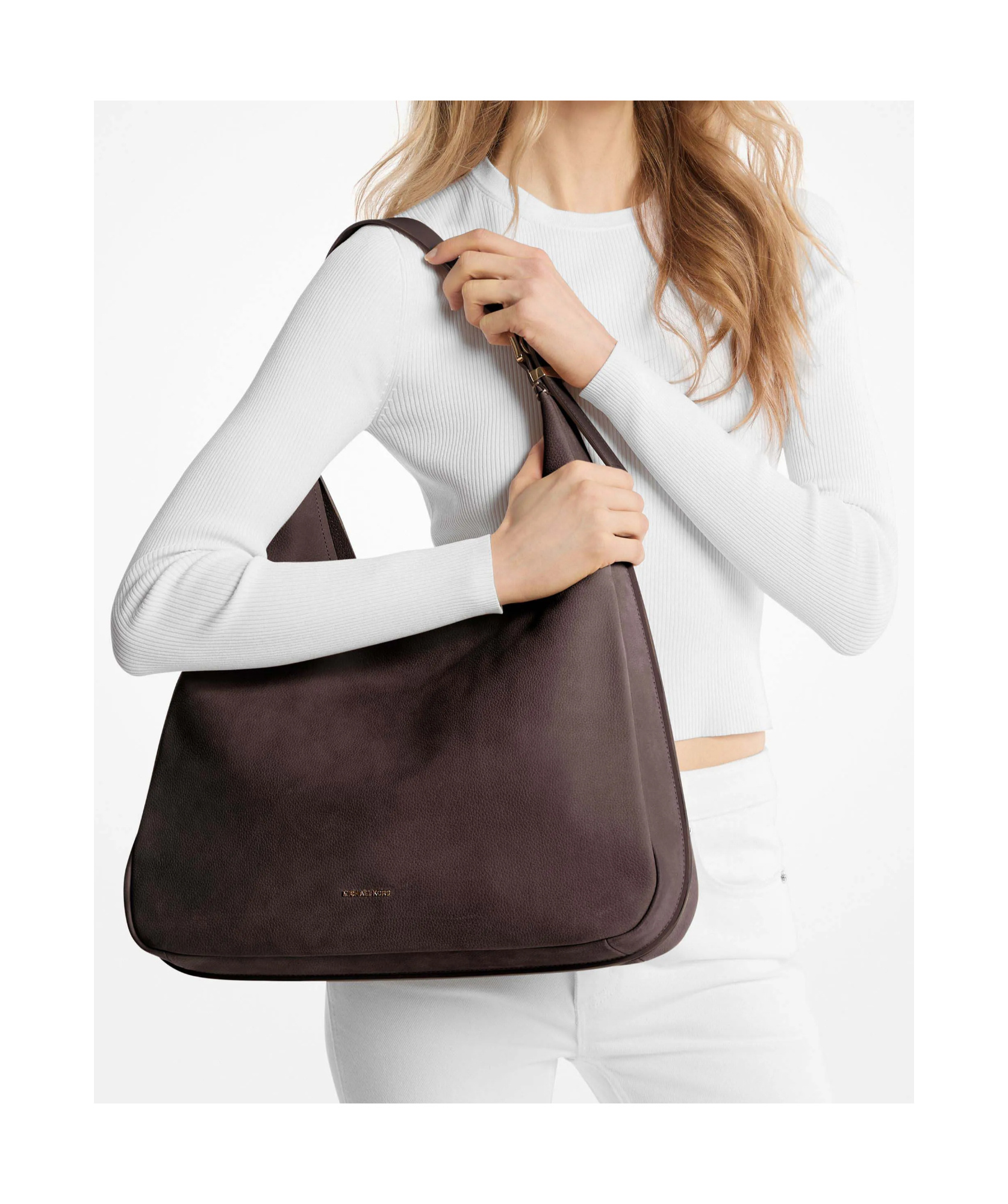 Michael Michael Kors Curved Brown Cowhide Leather Hobo Shoulder Bag In Black