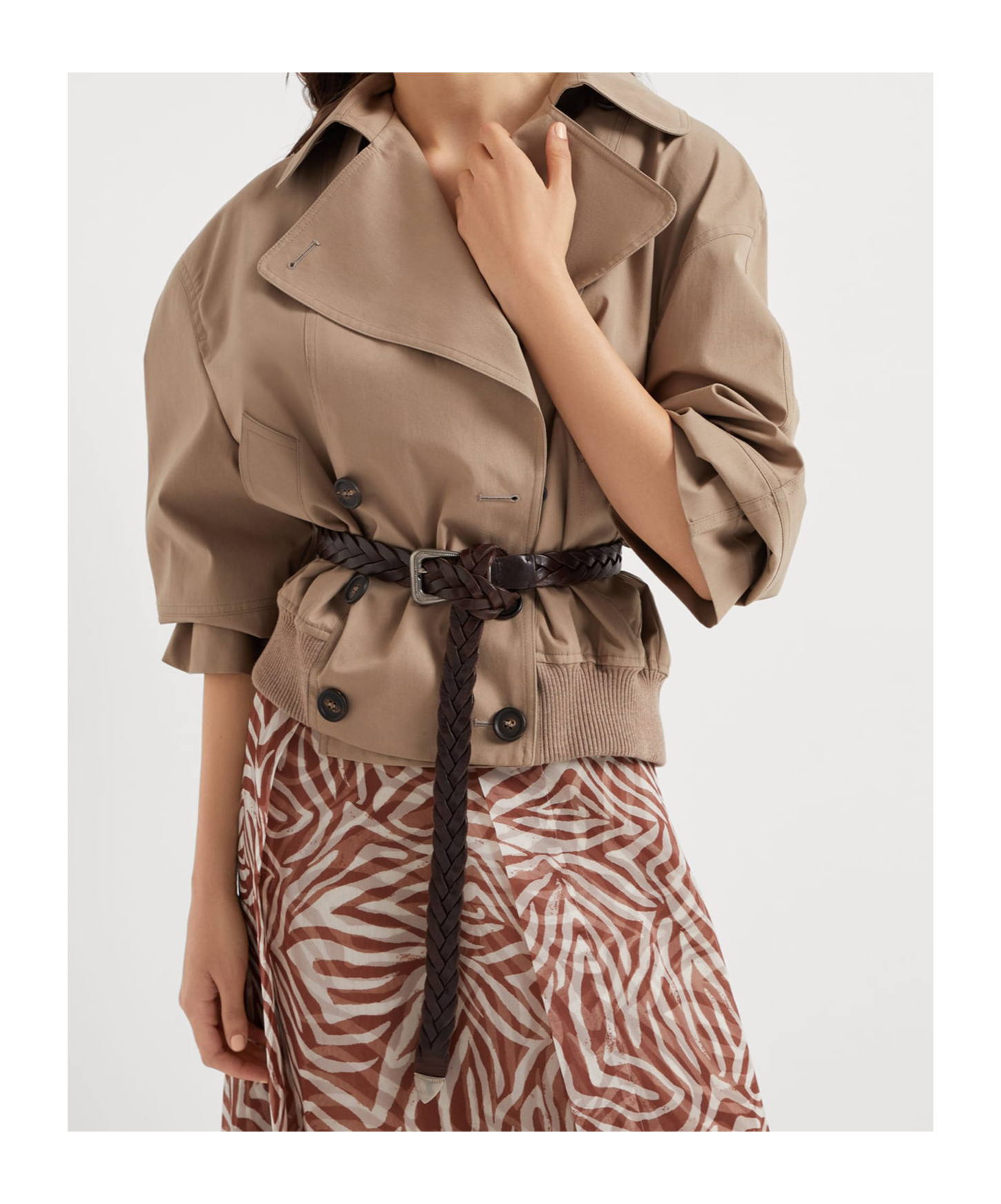 Brunello Cucinelli Women Techno Cotton Membraned Panama Crop Caban In Walnut