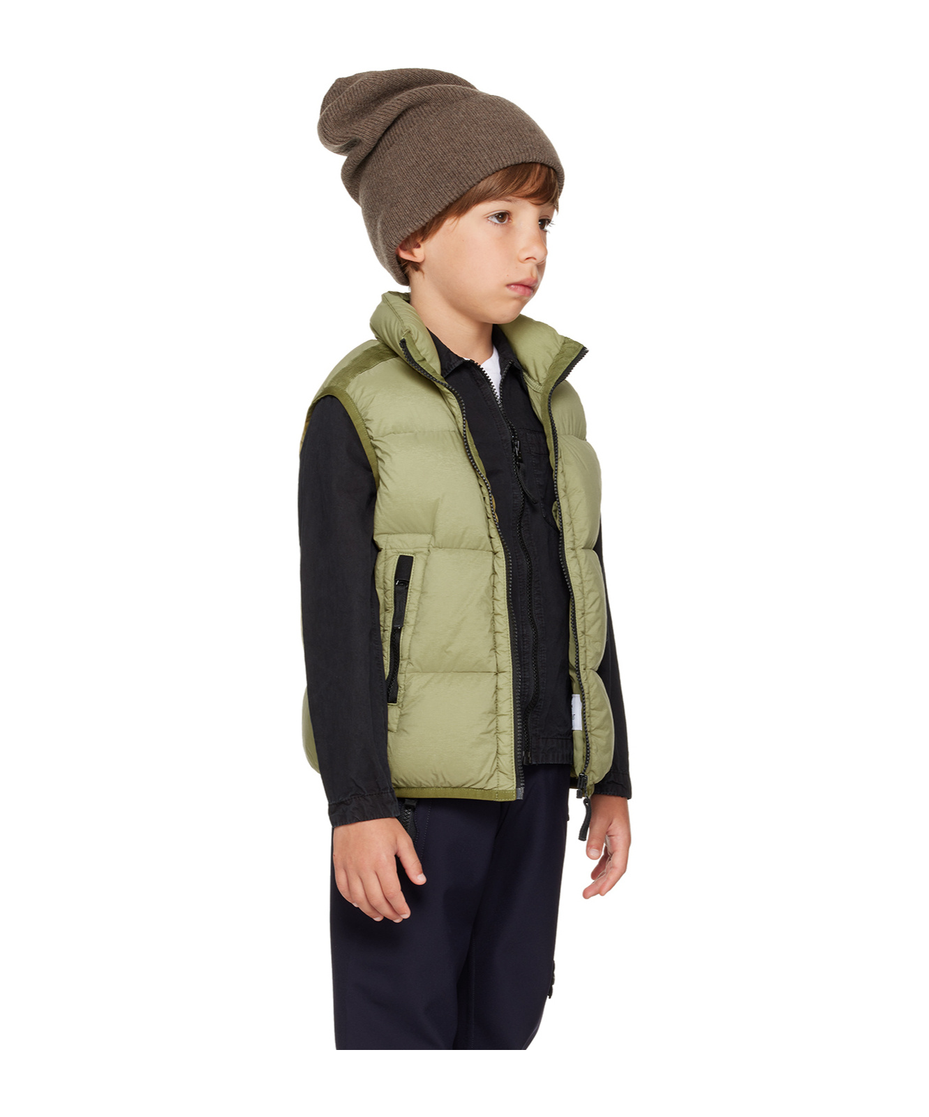 Stone Island Kids Khaki Zip Down Vest In Green
