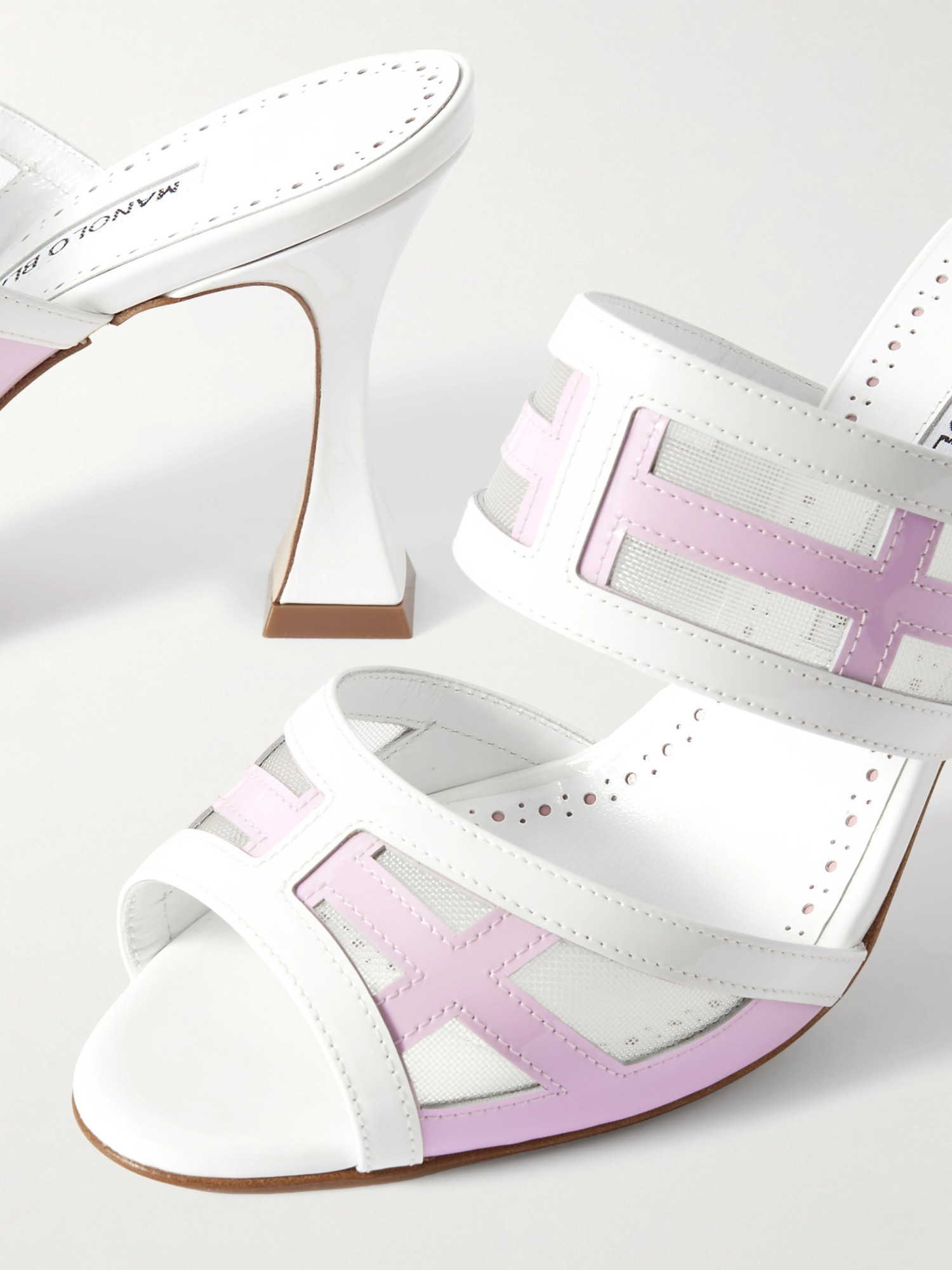 Manolo Blahnik Avespamu 90 Mesh-trimmed Two-tone Patent-leather Mules In White