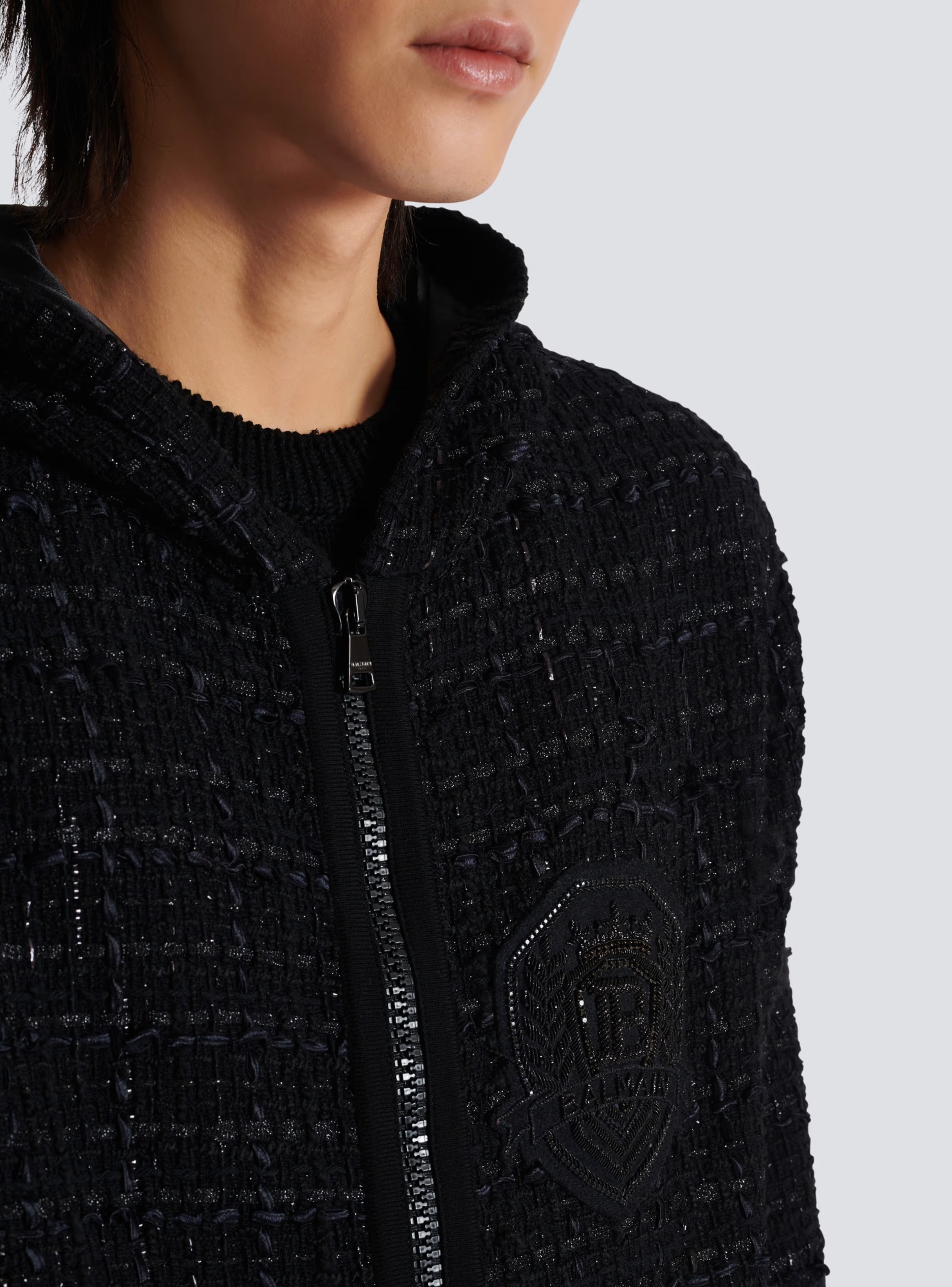 Shop Balmain Tweed Hooded Jacket In Black