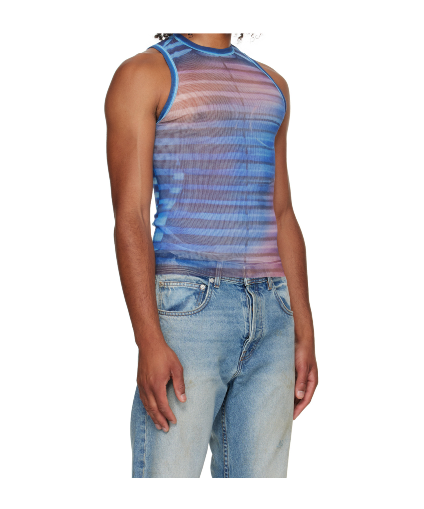 Jean Paul Gaultier Sleeveless Round Neck Striped Sheer Top In Blue