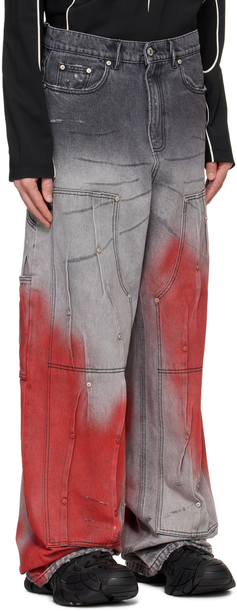 Kusikohc Gray & Red Workwear Multi Rivet Jeans In Gray