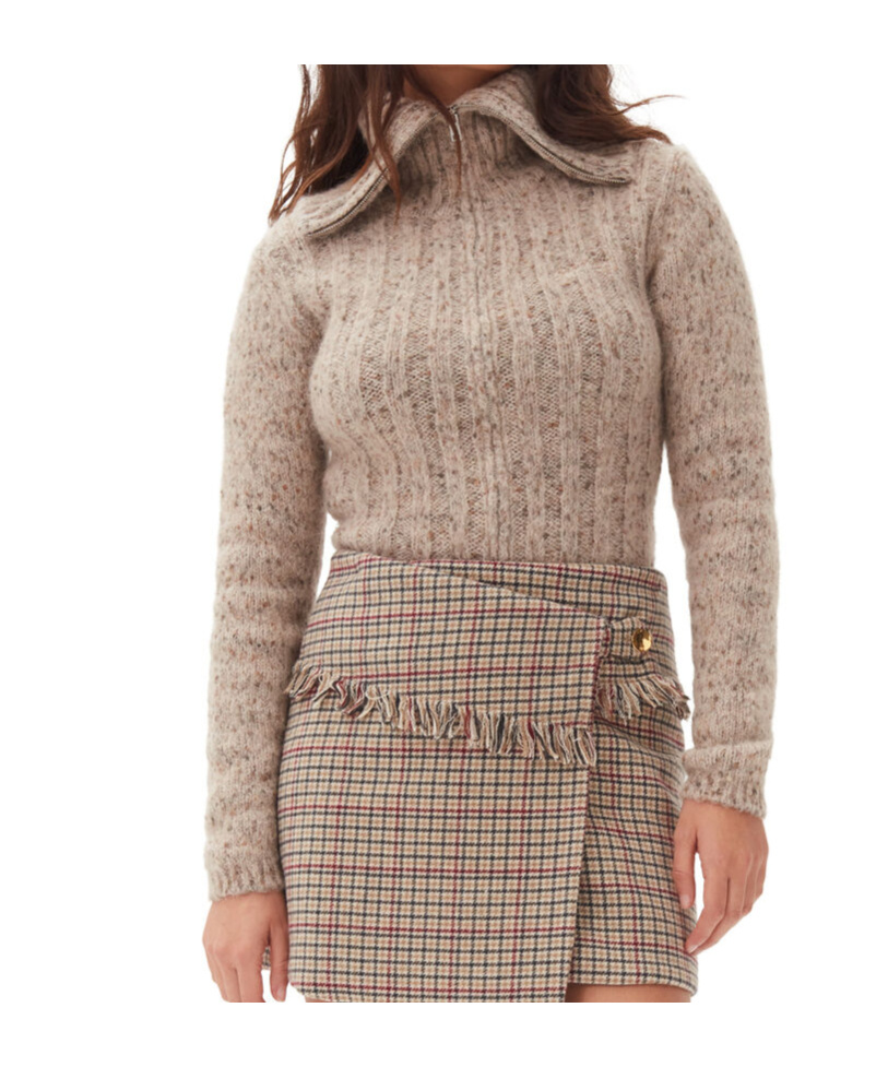 Ganni Alpaca-cotton-blend Zip-up Sweater In Nude