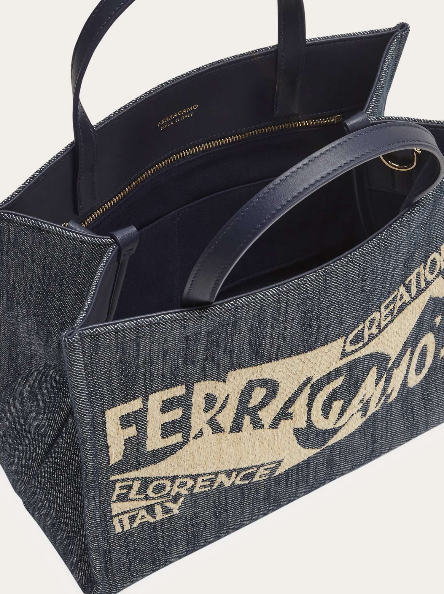 Ferragamo Blue Denim Large Tt Sign Shopping Bag In Black