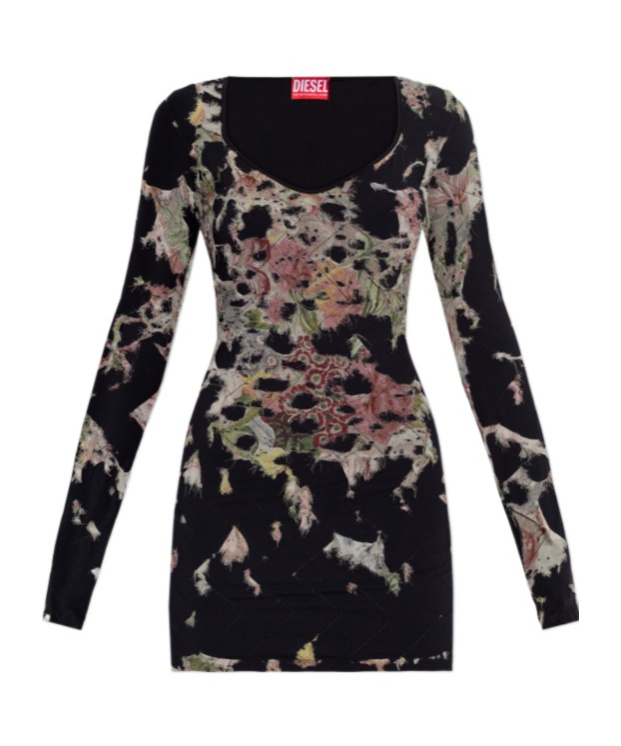 Diesel D-floci Burnout Mini Dress In Floral Viscose In Black