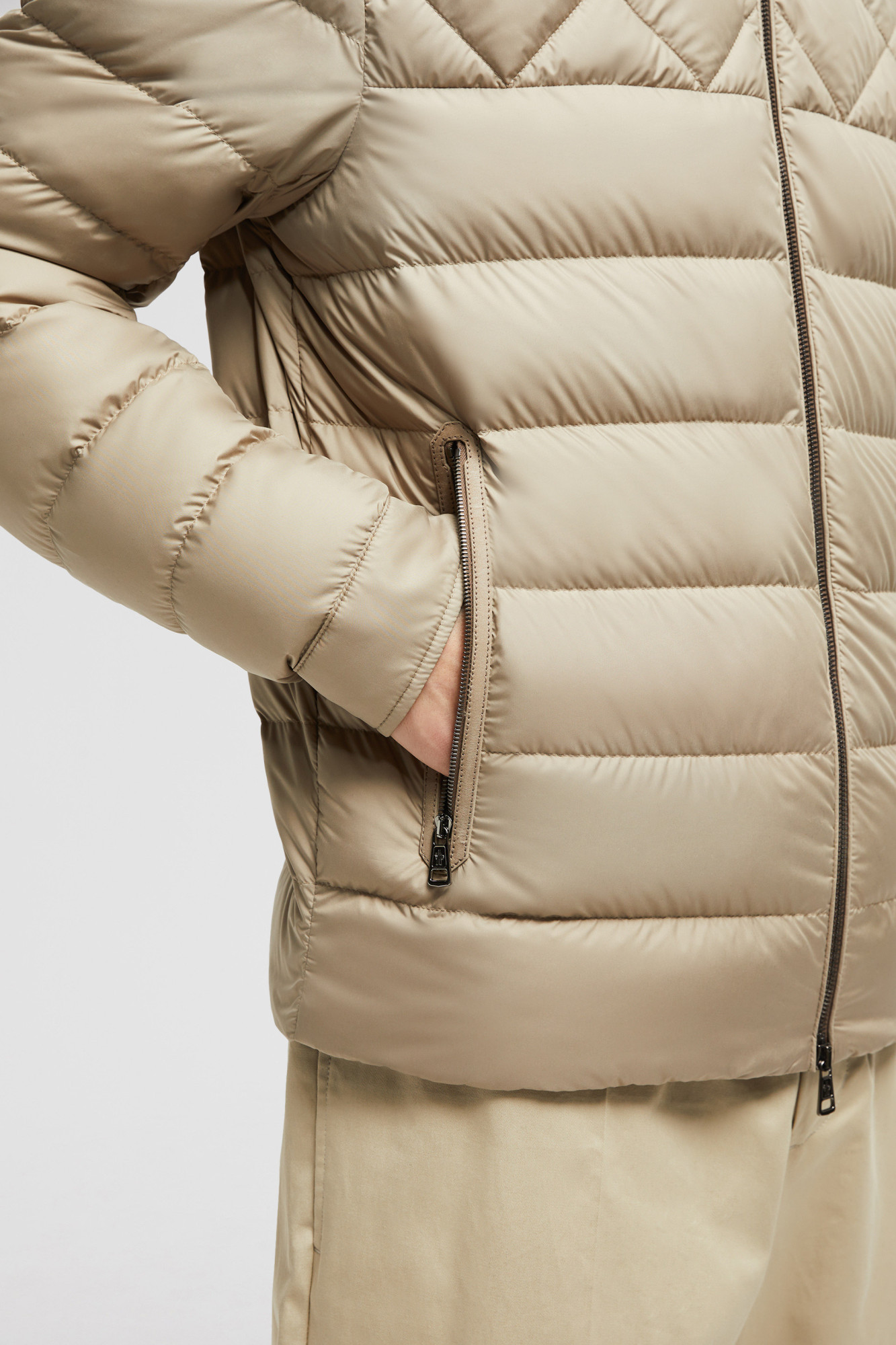 Moncler Tuile Leather-trimmed Down Biker Jacket In Nude