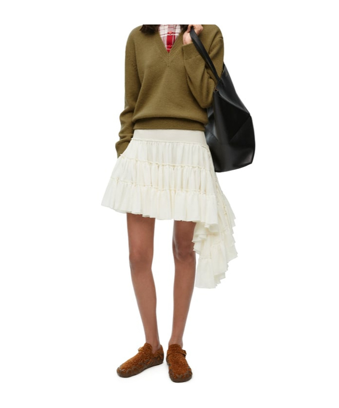 Loewe Asymmetrical Layered Silk Skirt With Ribbed Waistband In Neutral