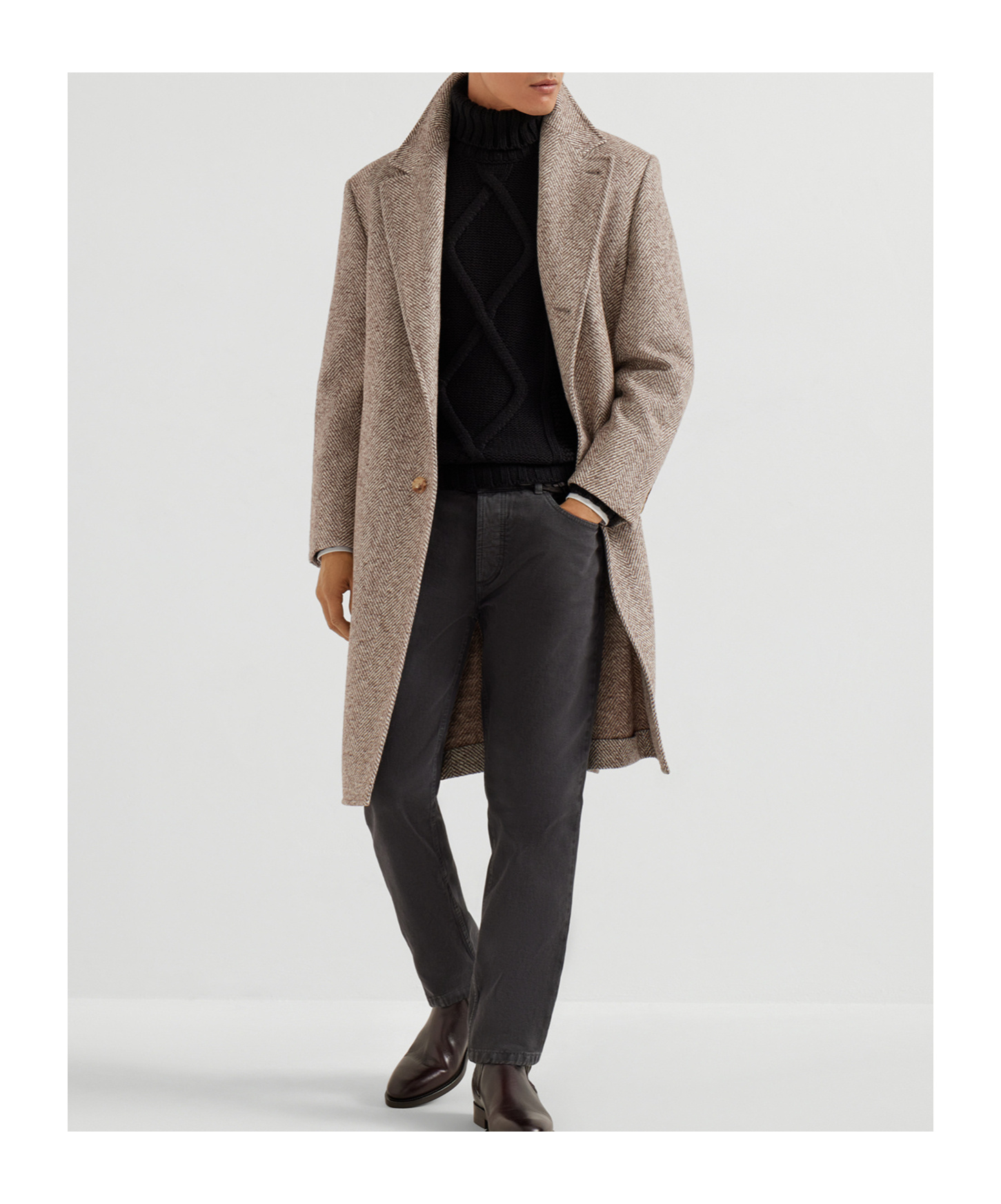Brunello Cucinelli Chevron-pattern Single-breasted Coat In Multi