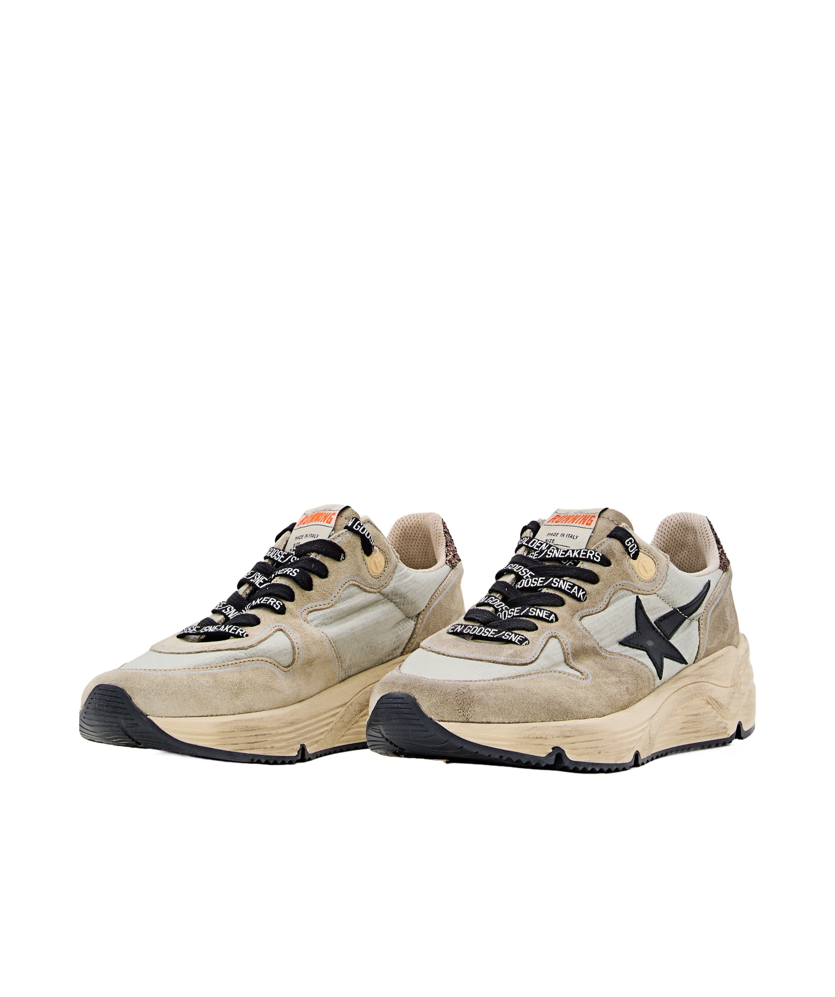 GOLDEN GOOSE WOMENS RUNNING SOLE IN GRAY NYLON WITH BLACK STAR AND GLITTER HEEL TAB
