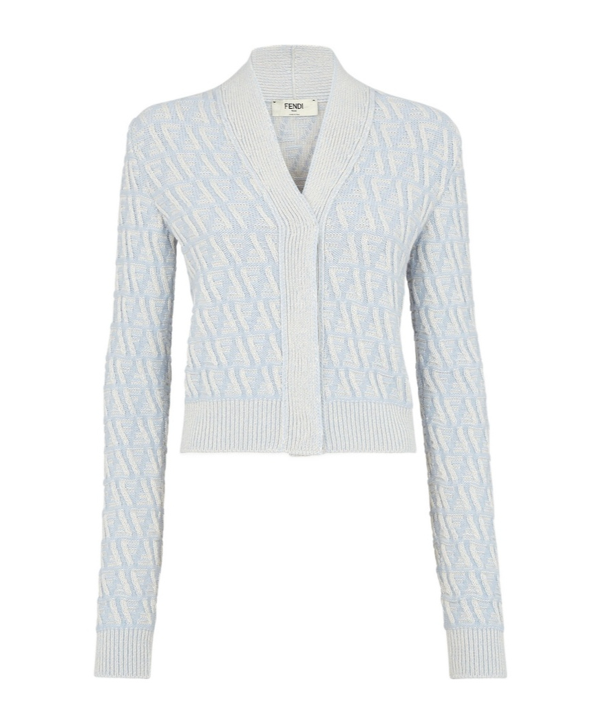 FENDI LIGHT BLUE FF CASHMERE AND WOOL CARDIGAN