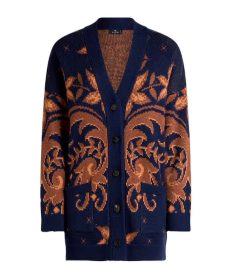 Etro Wool Jacquard V-neck Cardigan With Front Pockets In Blue