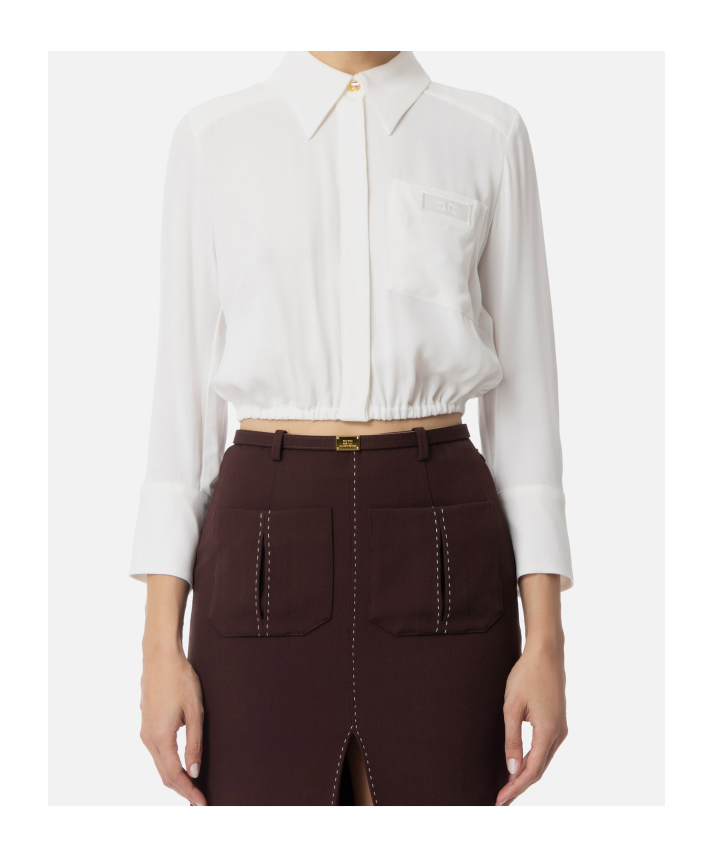 Elisabetta Franchi Georgette Cropped Shirt With Elastic Band In White