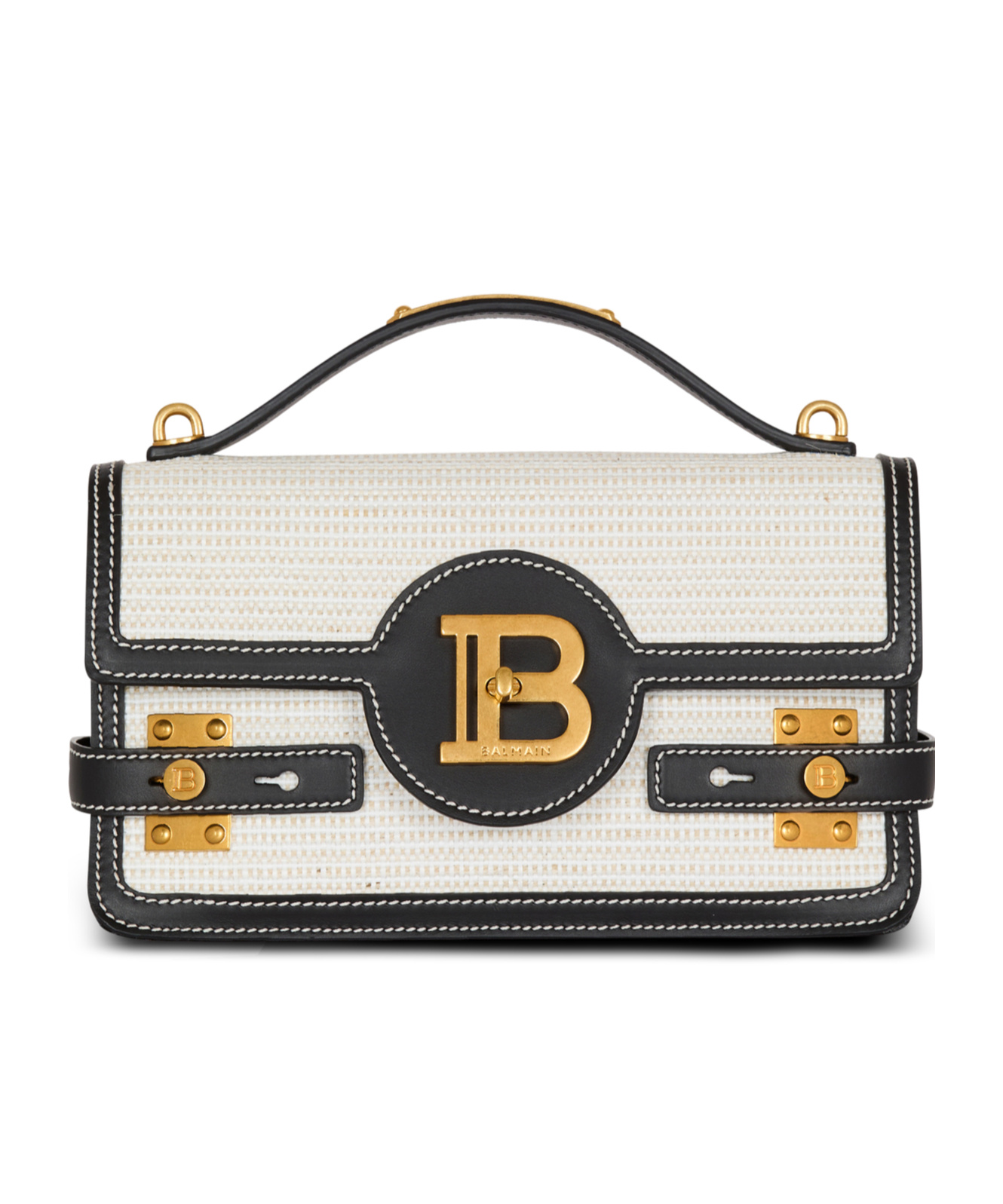 Balmain B-buzz 24 Shoulder Bag In Raffia And Calfskin In White