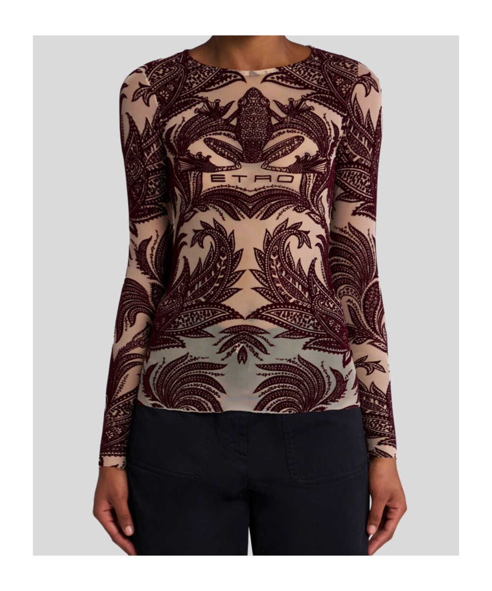 Etro Red Frog Motif Flocked Tulle Top In Brown