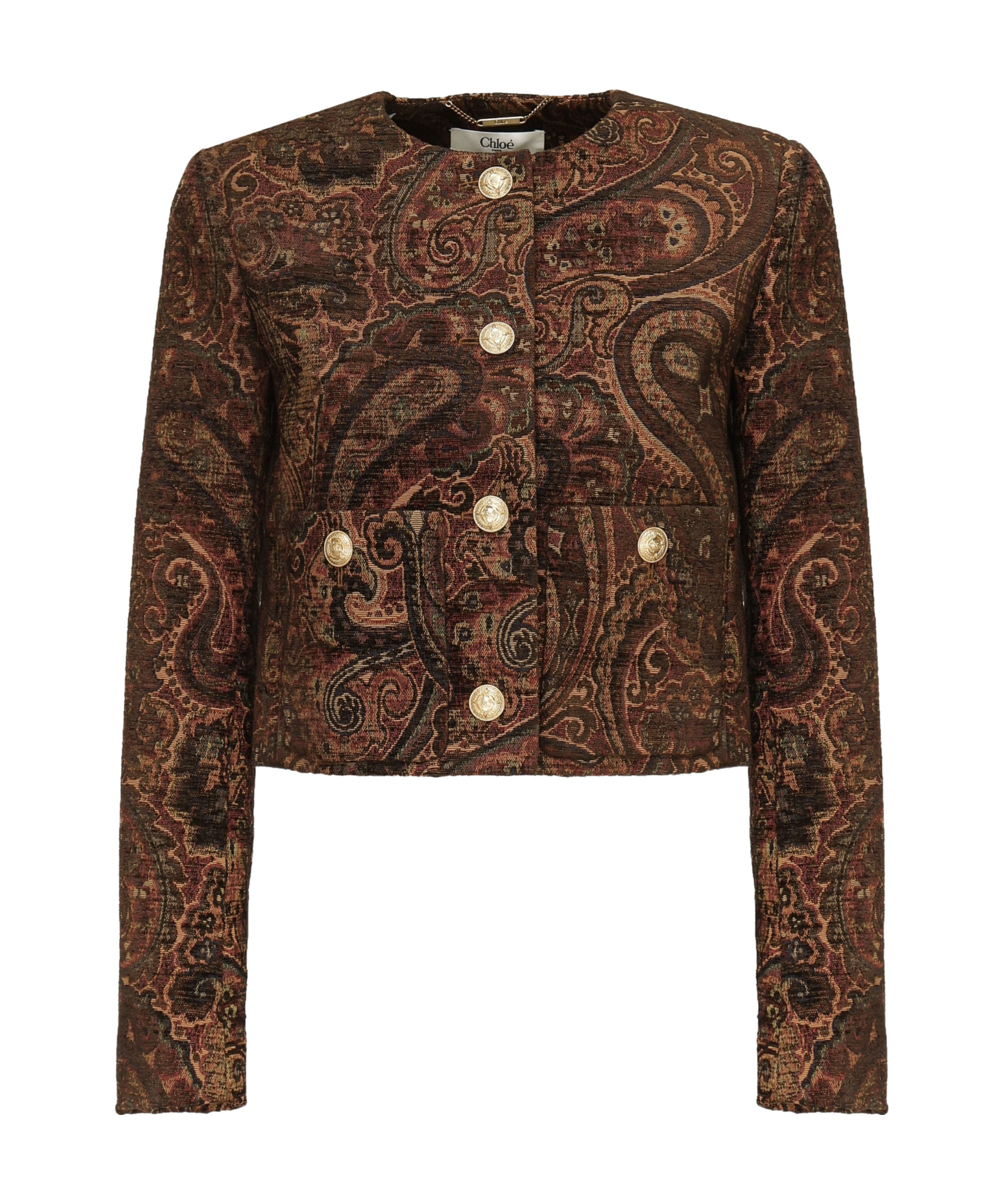 Chloé Women Multicolor Cropped Jacket With Round Neck And All-over Motif In Cotton Blend Woman In Brown