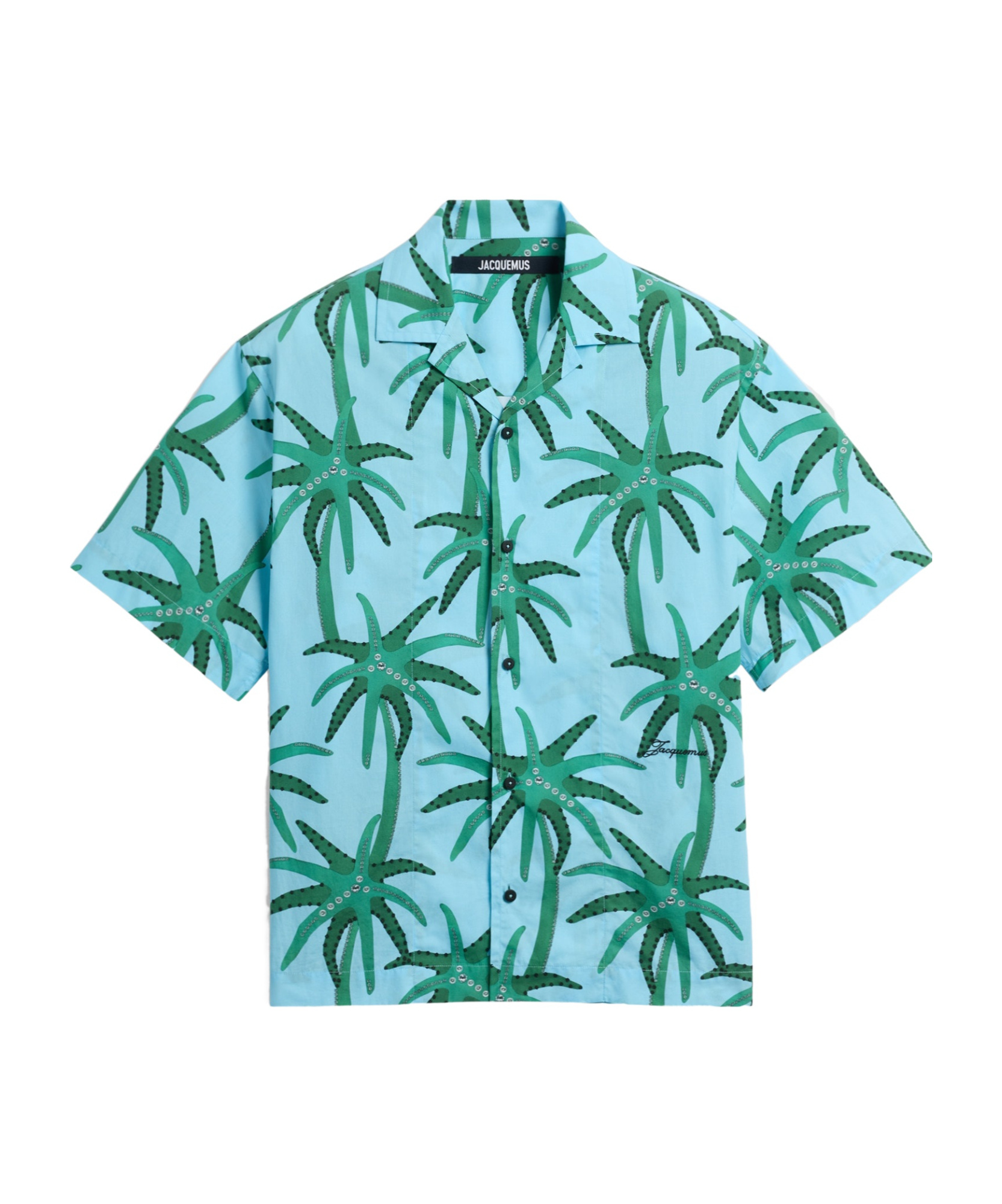 Jacquemus 'la Chemise Jean' Light Blue Shirt With Notched Collar And All-over Palm Tree Print In Blue