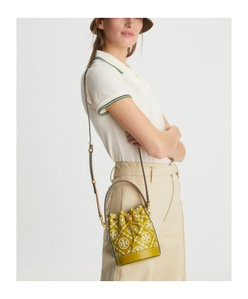 Tory Burch T Monogram Mini Embossed Bucket Bag In Brown