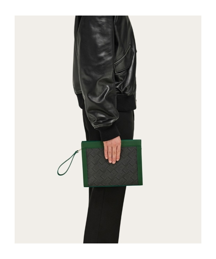 FERRAGAMO FERRAGAMO MONOGRAM ZIPPED CLUTCH BAG 