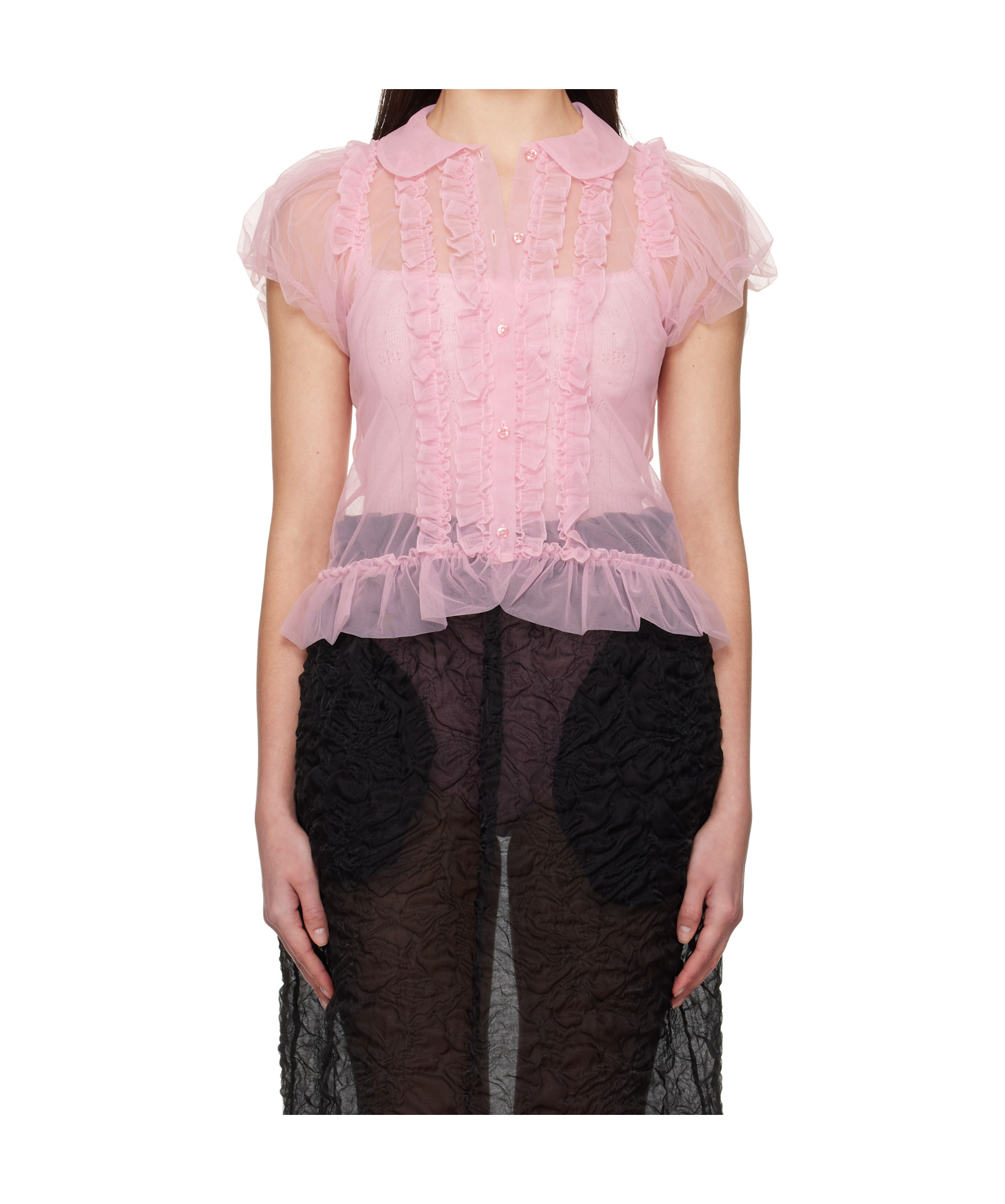 Simone Rocha Pink Sheer Puff Sleeve Multi Ruffle Frill Shirt In Pink