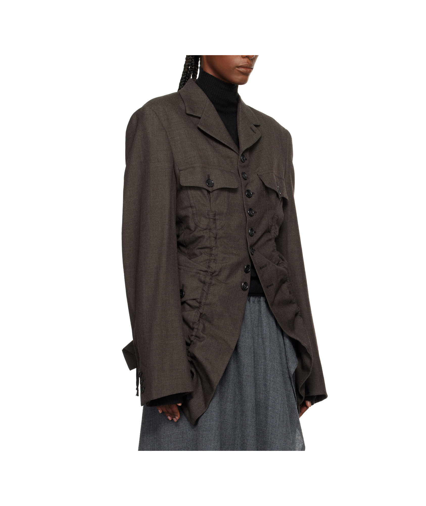 Comme Des Garçons Shirt Ruched Buttoned Gabardine Jacket In Gray