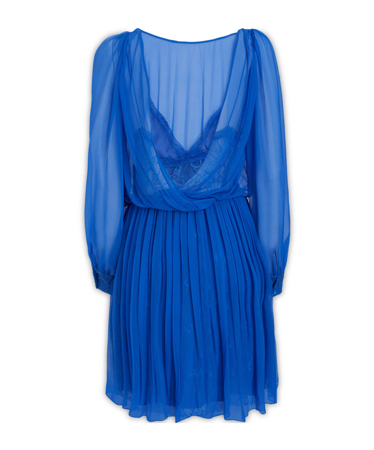 Alberta Ferretti Lace Detailed Pleated Sheer V-neck Dress