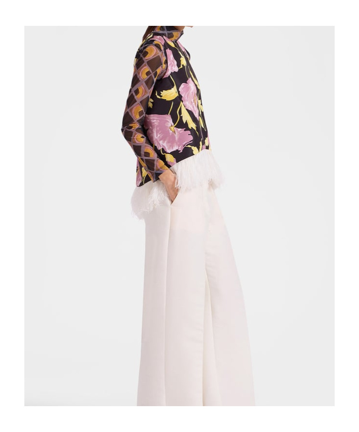 La Doublej La Double J Floral Print Top With Feather Trim In Multicolor