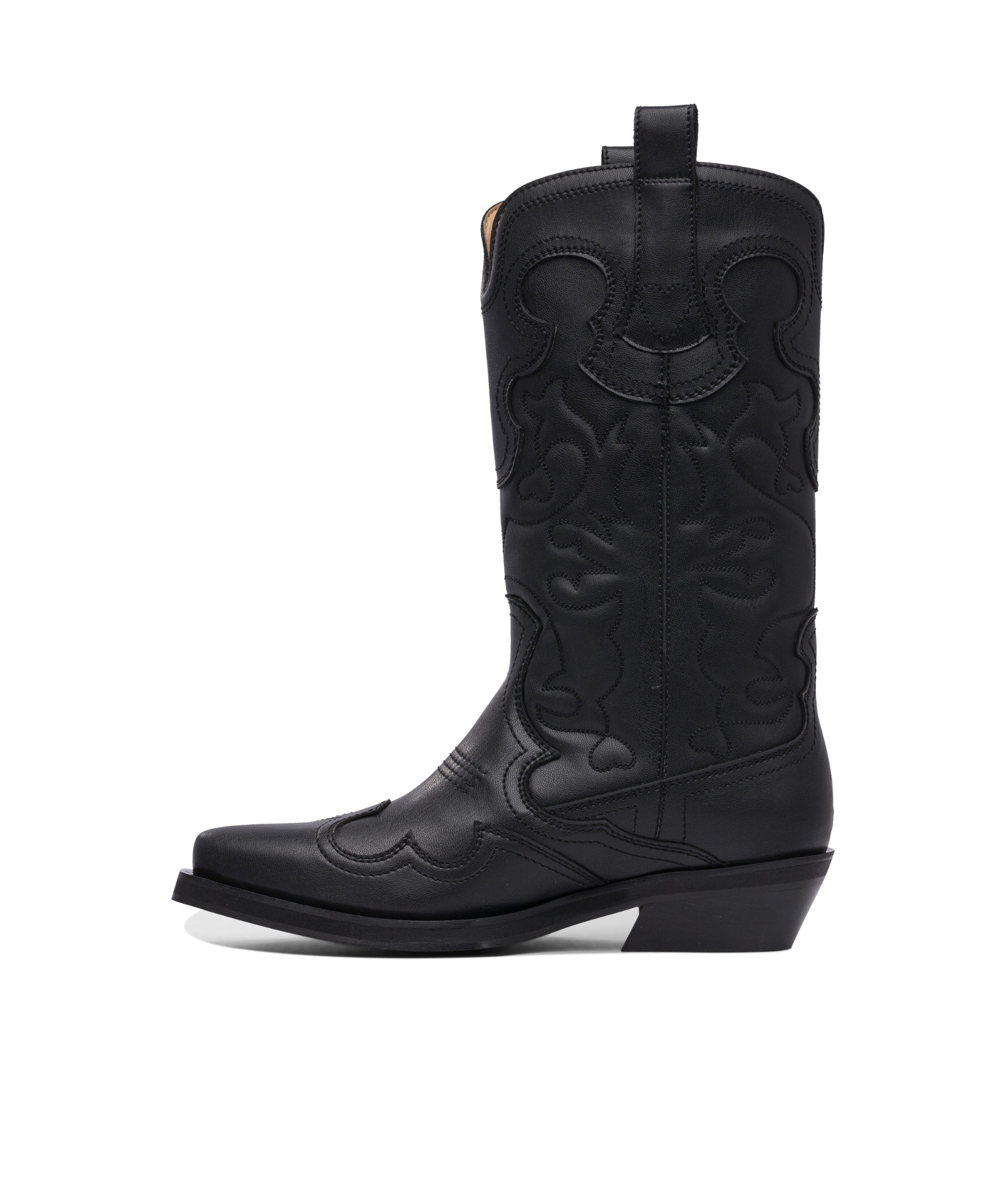 Ganni Black Mid Shaft Embroidered Western Boots In Black