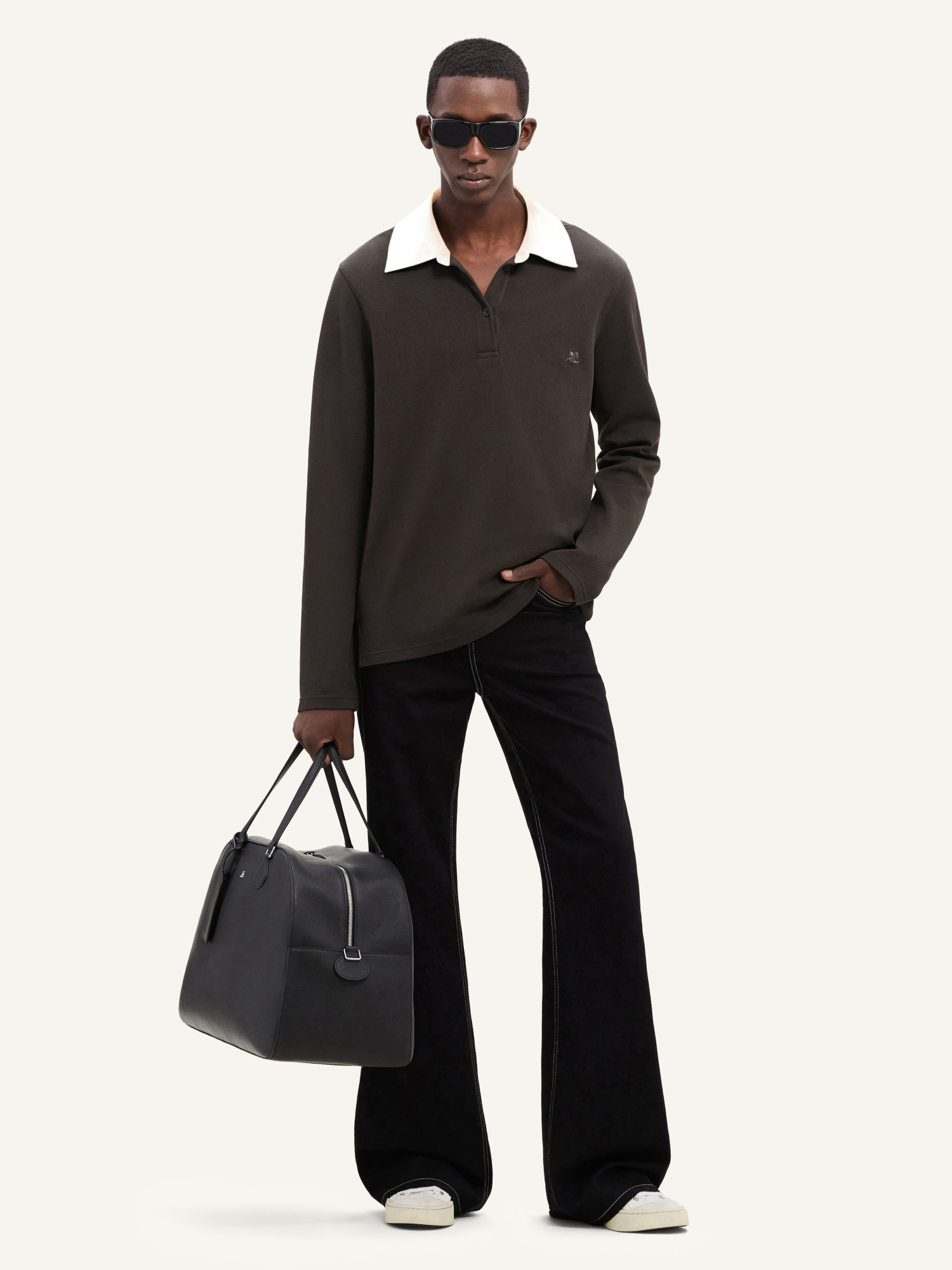 Courrèges Long-sleeved Cotton Polo With Contrasting Collar In Black