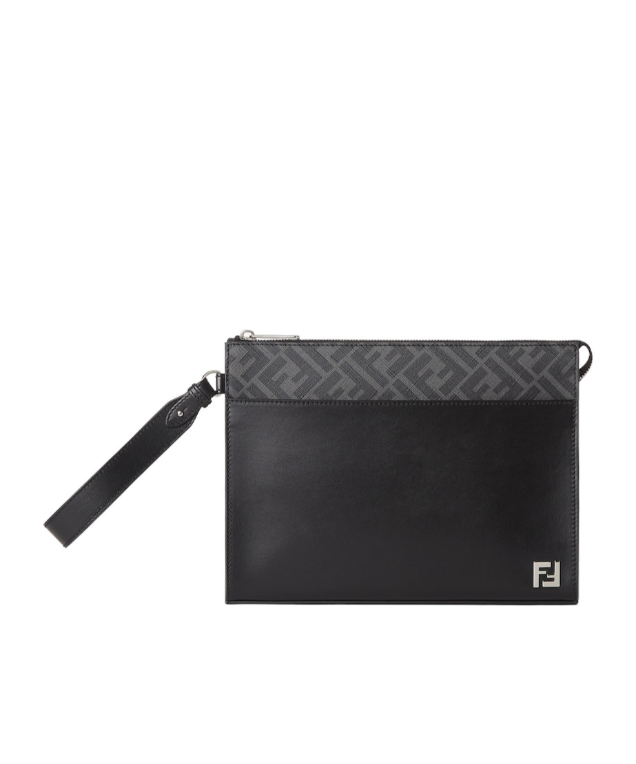 Fendi Leather And Canvas Ff Squared Clutch Bags In Black