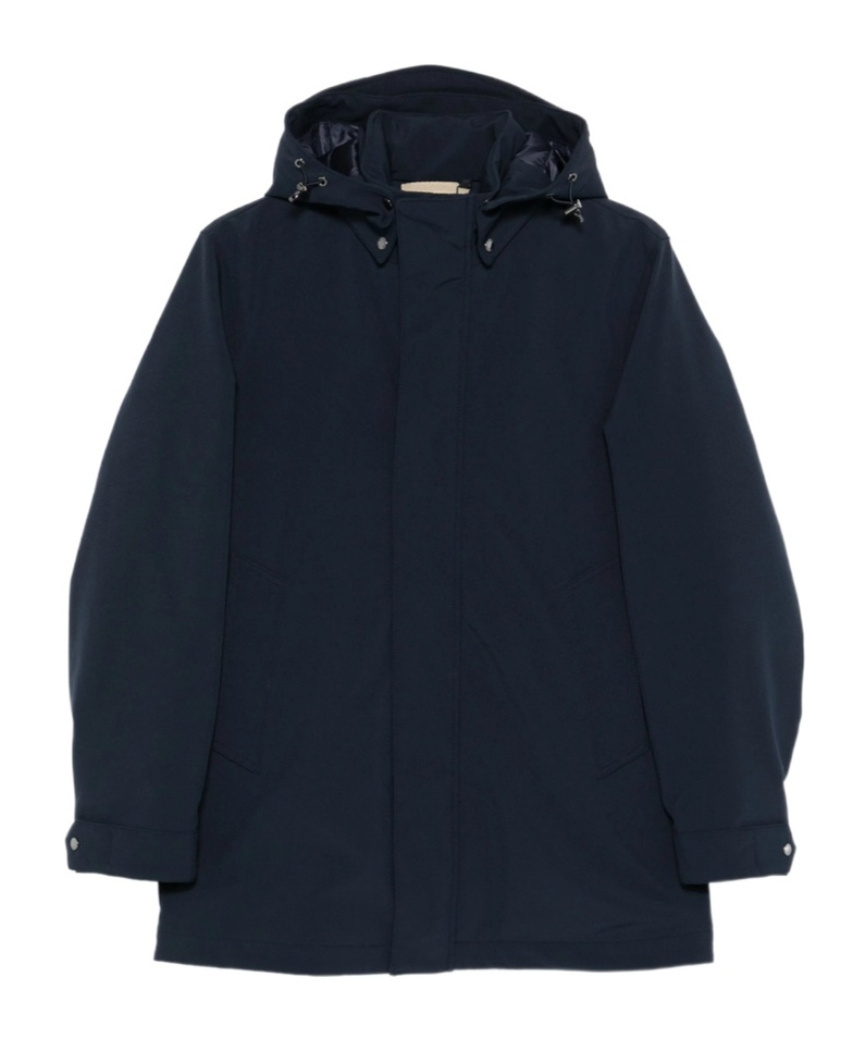 Woolrich Navy Blue Hooded Jacket With Concealed Fastening In Blue