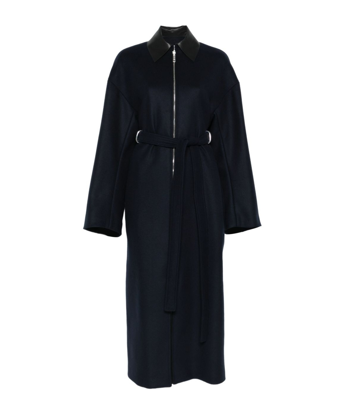 Sportmax Belted Long Coat Featuring Leather Collar In Blue