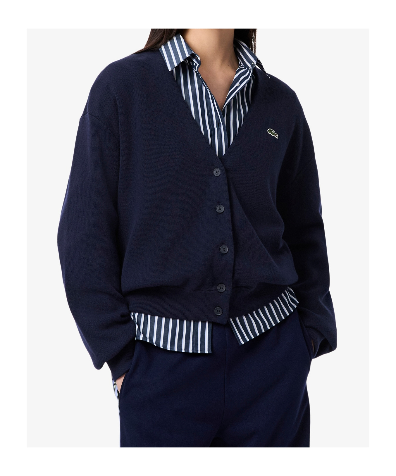 Lacoste V Neck Moss Stitch Cotton Cardigan In Blue