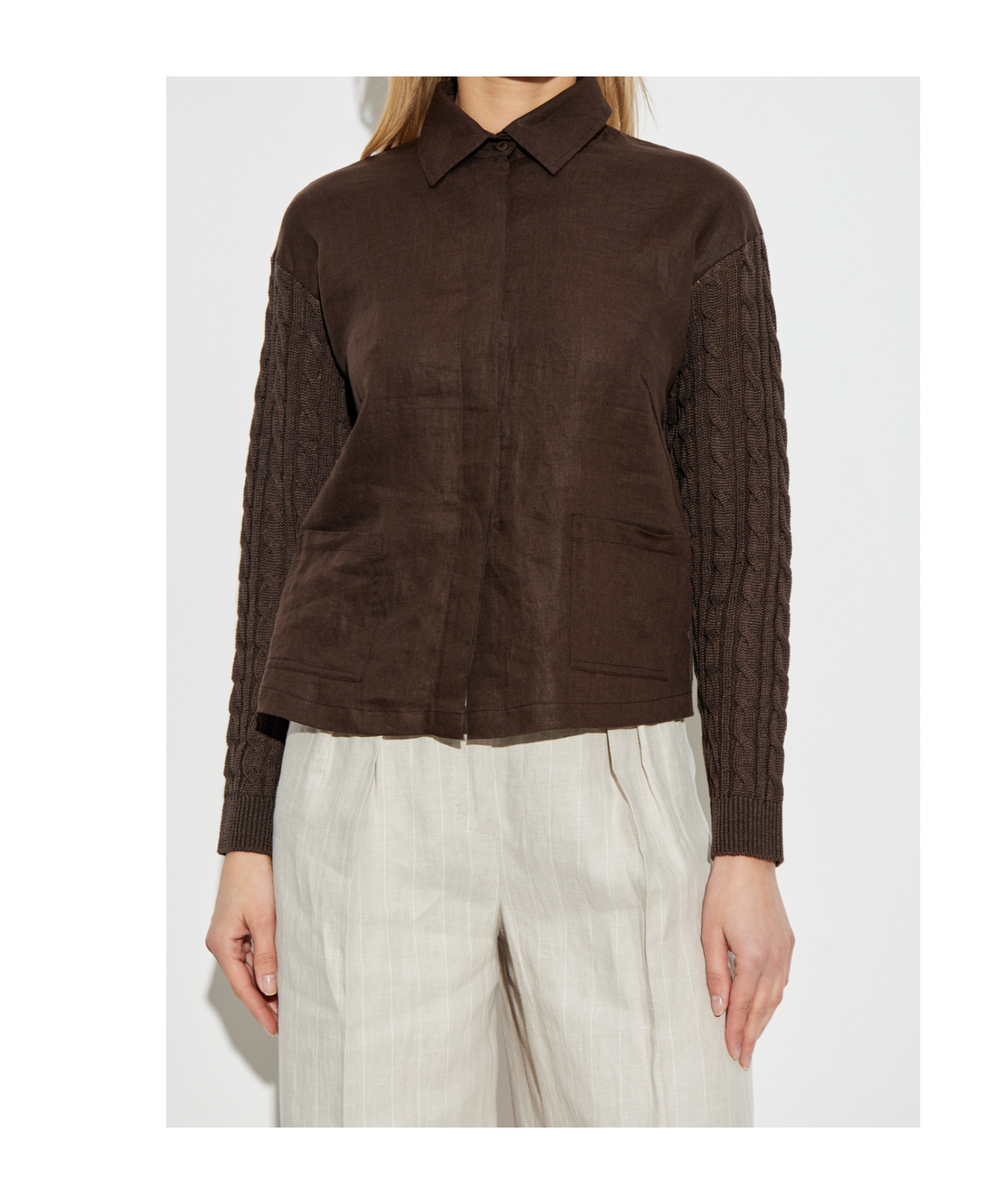 Max Mara Linen Cardigan With A Cable Knit And Ribs In Brown