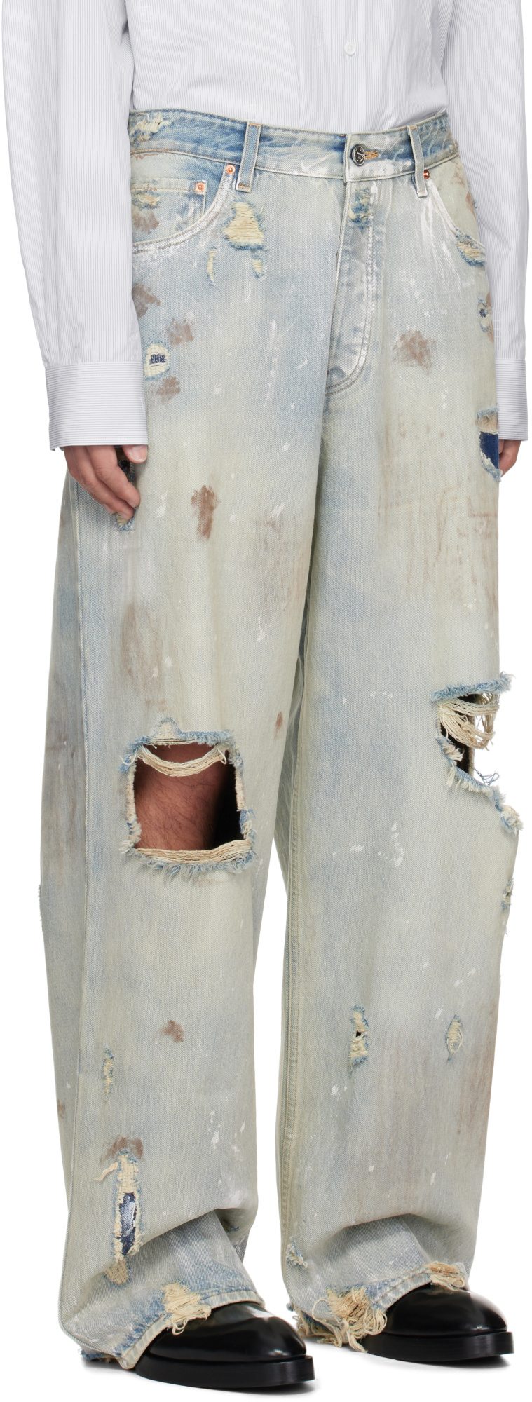 Vetements Blue Trashed Baggy Jeans In White