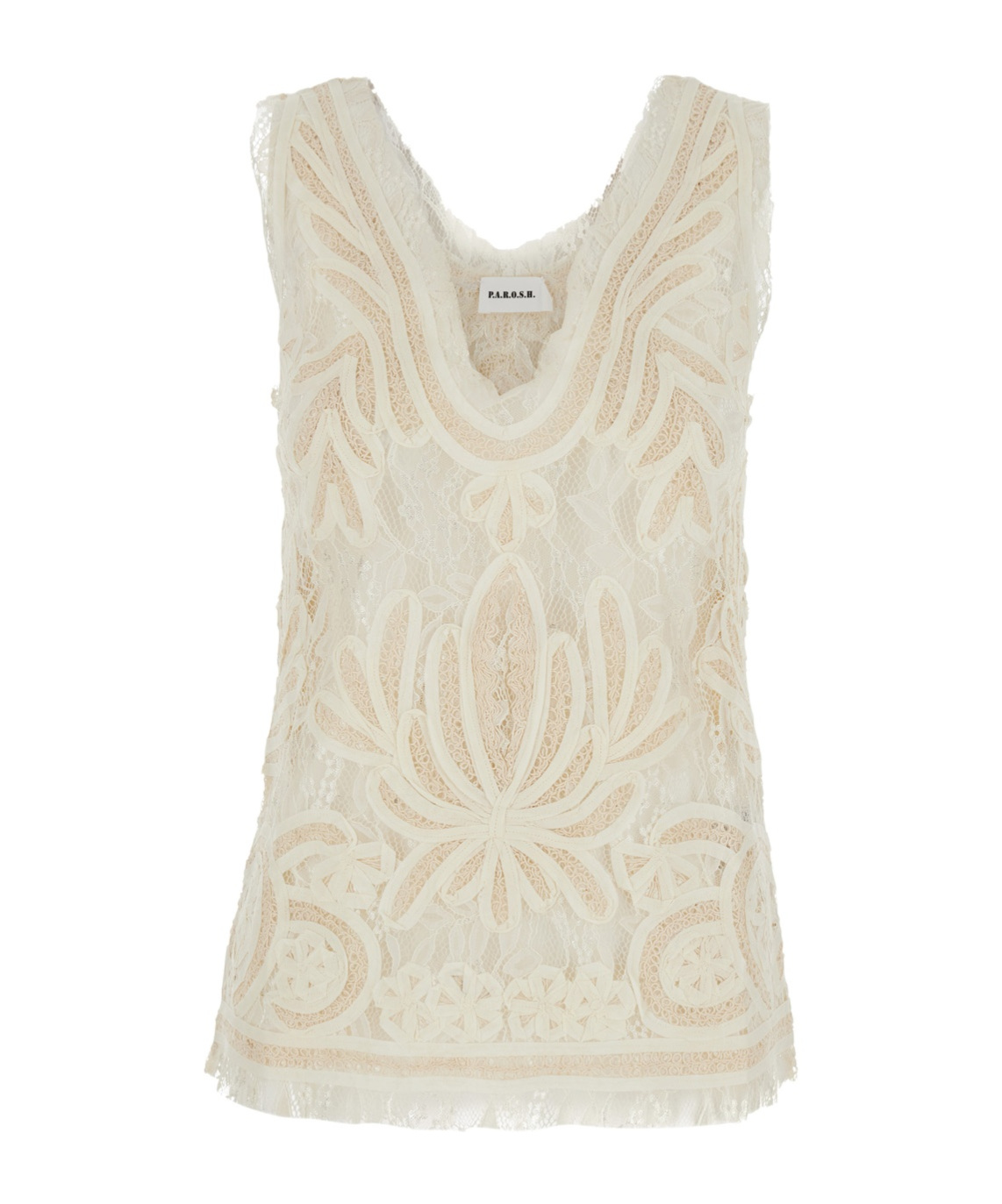 P.a.r.o.s.h Beige Top With Drop Neckline And All-over Applied Motif In Lace Woman In White