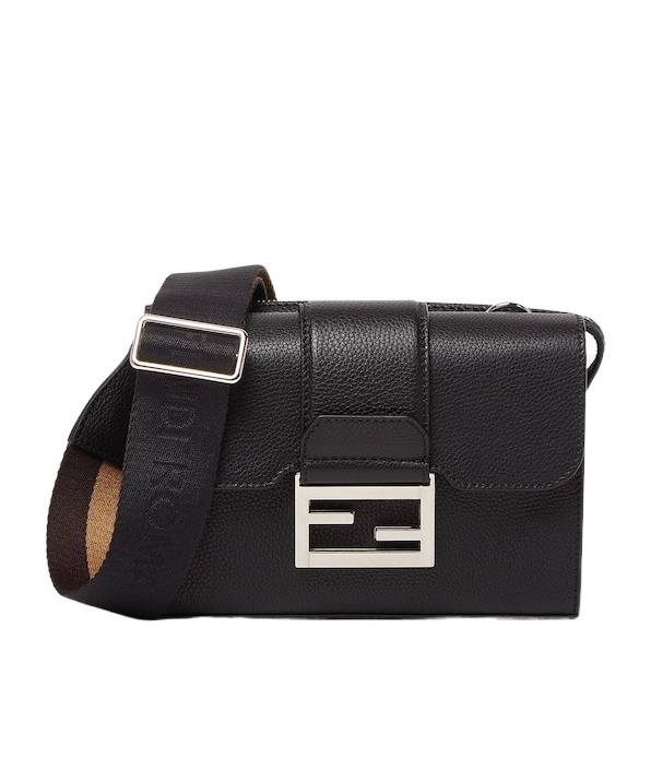Fendi Double Baguette Grained Leather Messenger Bag In Black