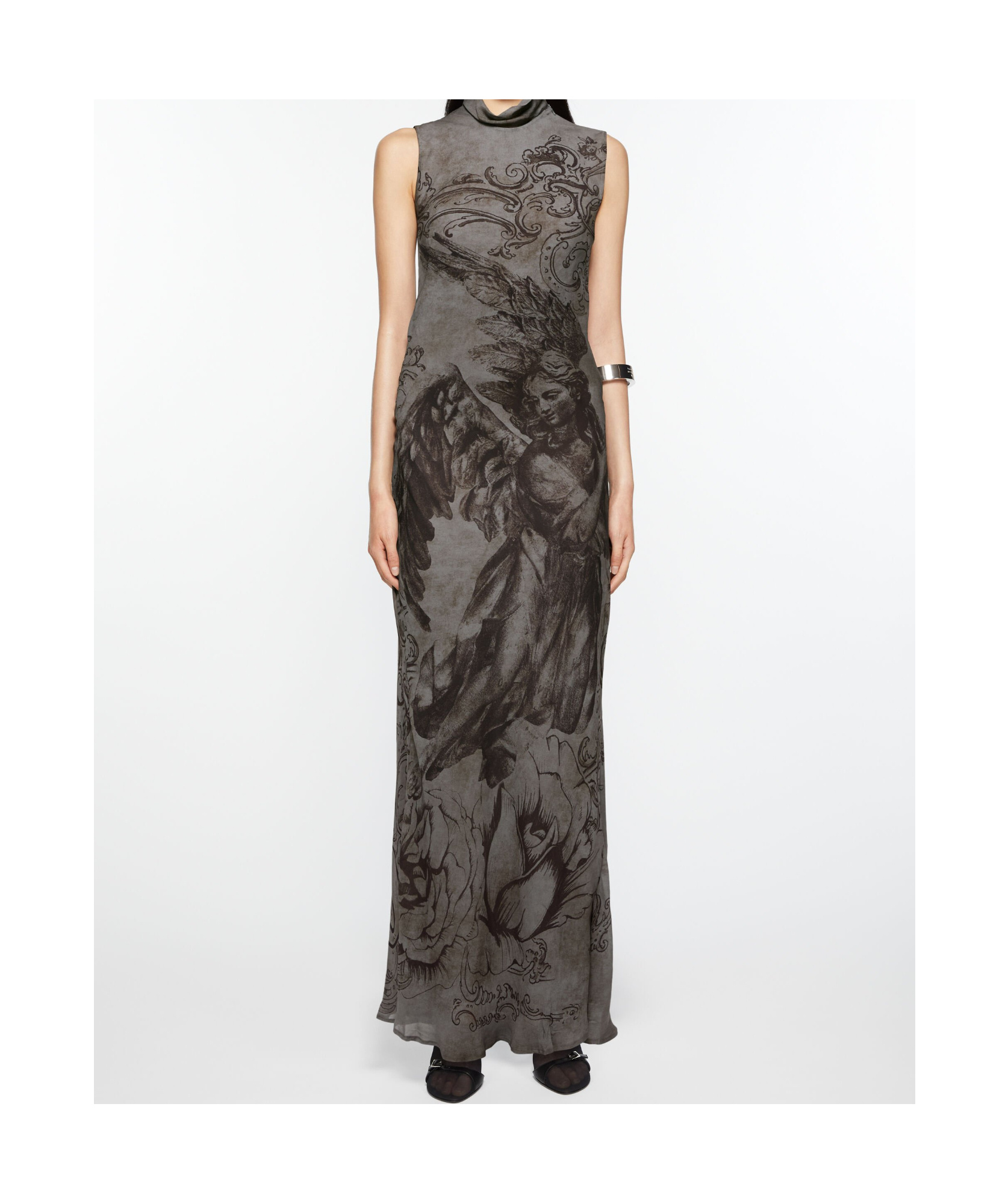 Acne Studios Open-back Printed Georgette Turtleneck Maxi Dress In Black