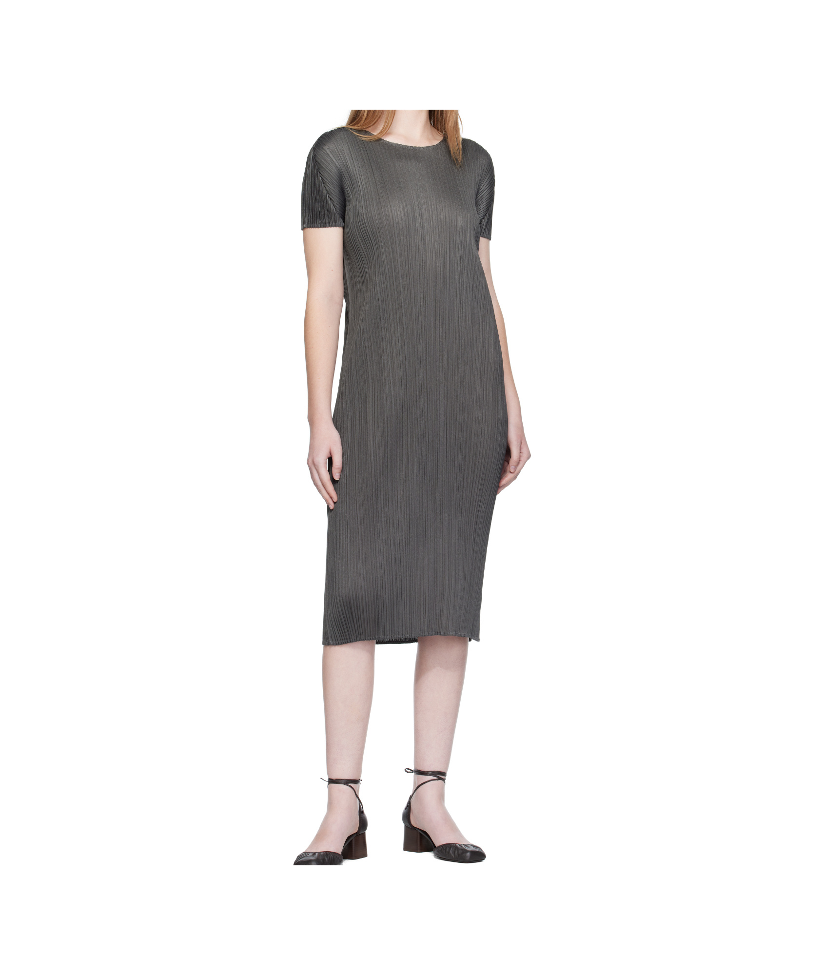 Issey Miyake Pleated Short-sleeved Dress In Gray