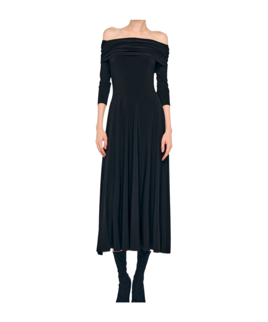 Norma Kamali Three-quarter Sleeve Pleated Flared Skirt In Black