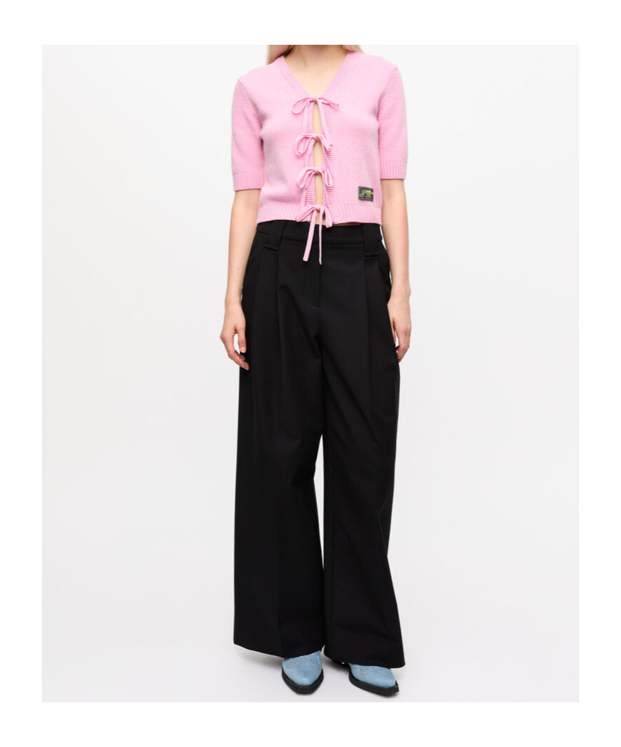 Ganni Black Heavy Cotton Tailoring Mid Waist Trousers In Black