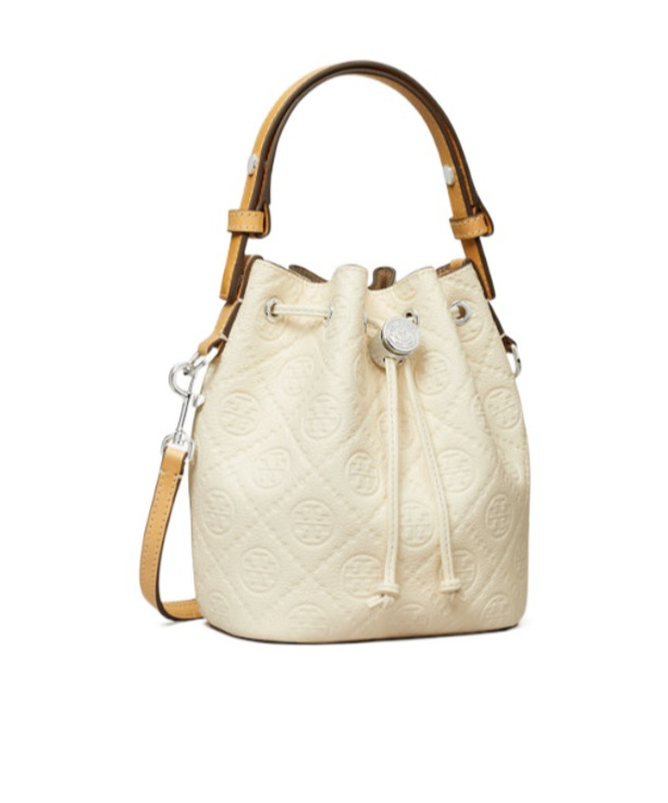 Tory Burch T Monogram Pebble Mini Bucket Bag In White