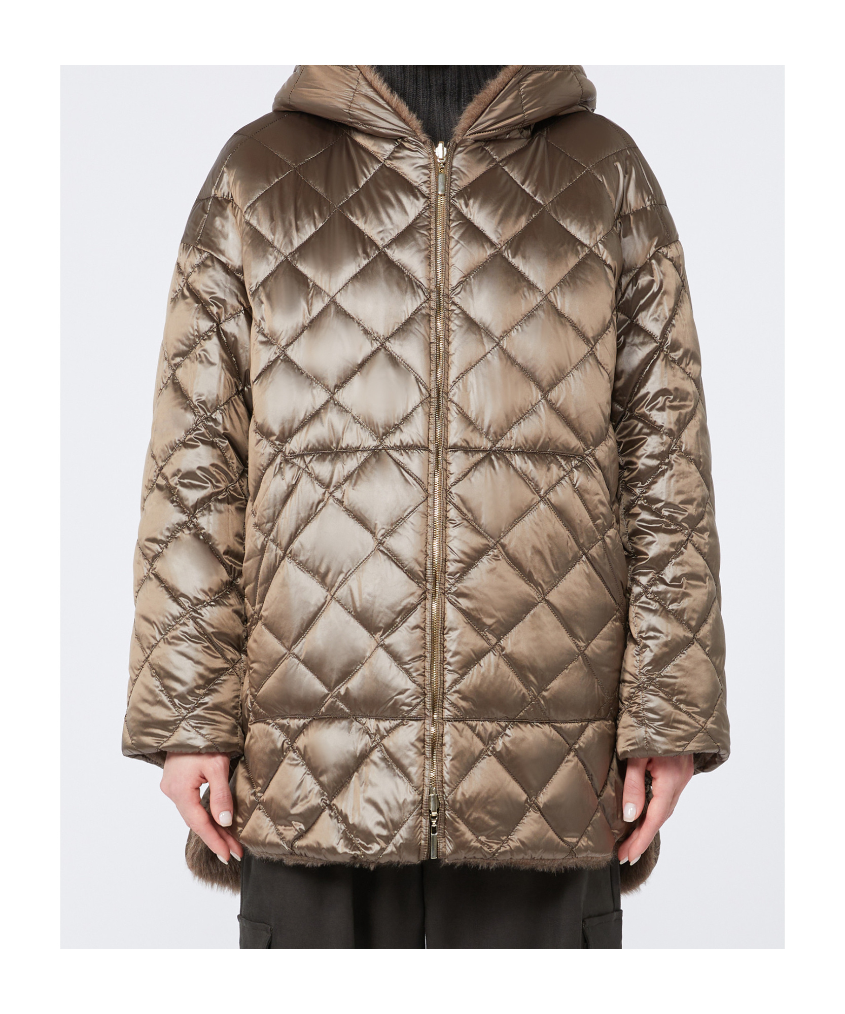 Max Mara Reversible Padded Mini Jacket In Faux Fur And Water-repellent Fabric In Brown