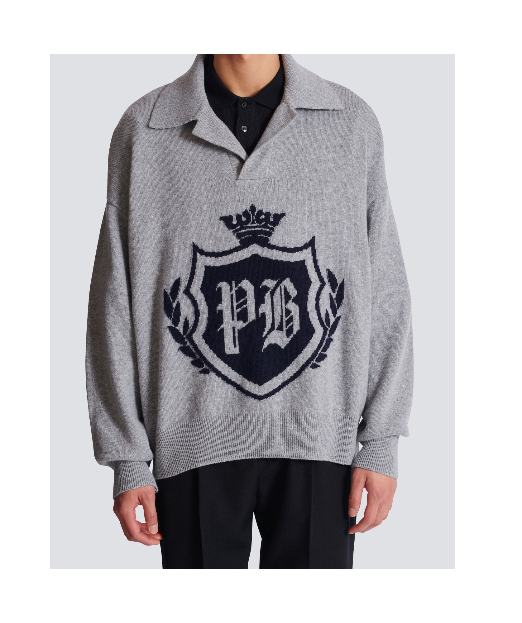 Balmain College Emblem Polo Sweater In Eco-cashmere In Gray