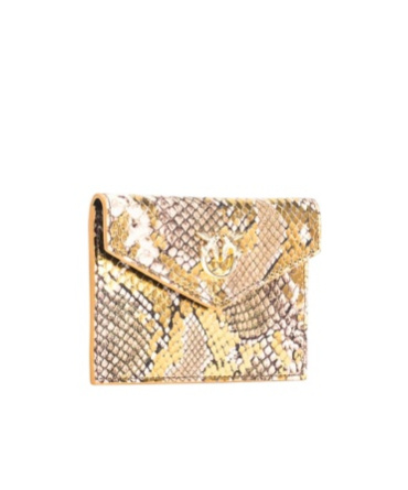Pinko Galleria Flat Card Holder In Laminated Reptile Skin In Gold