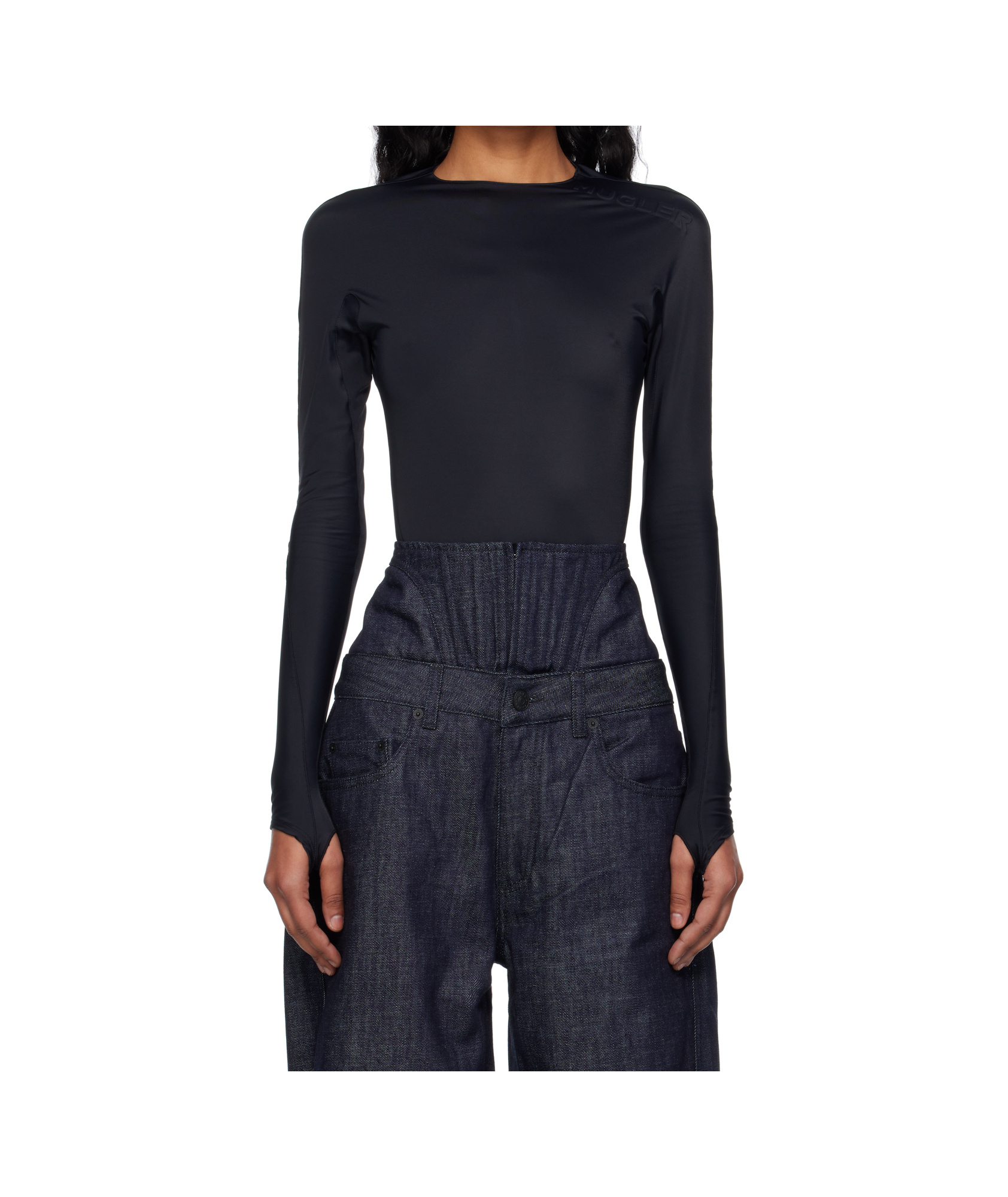 Mugler Logo-embossed Long-sleeved Bodysuit In Black