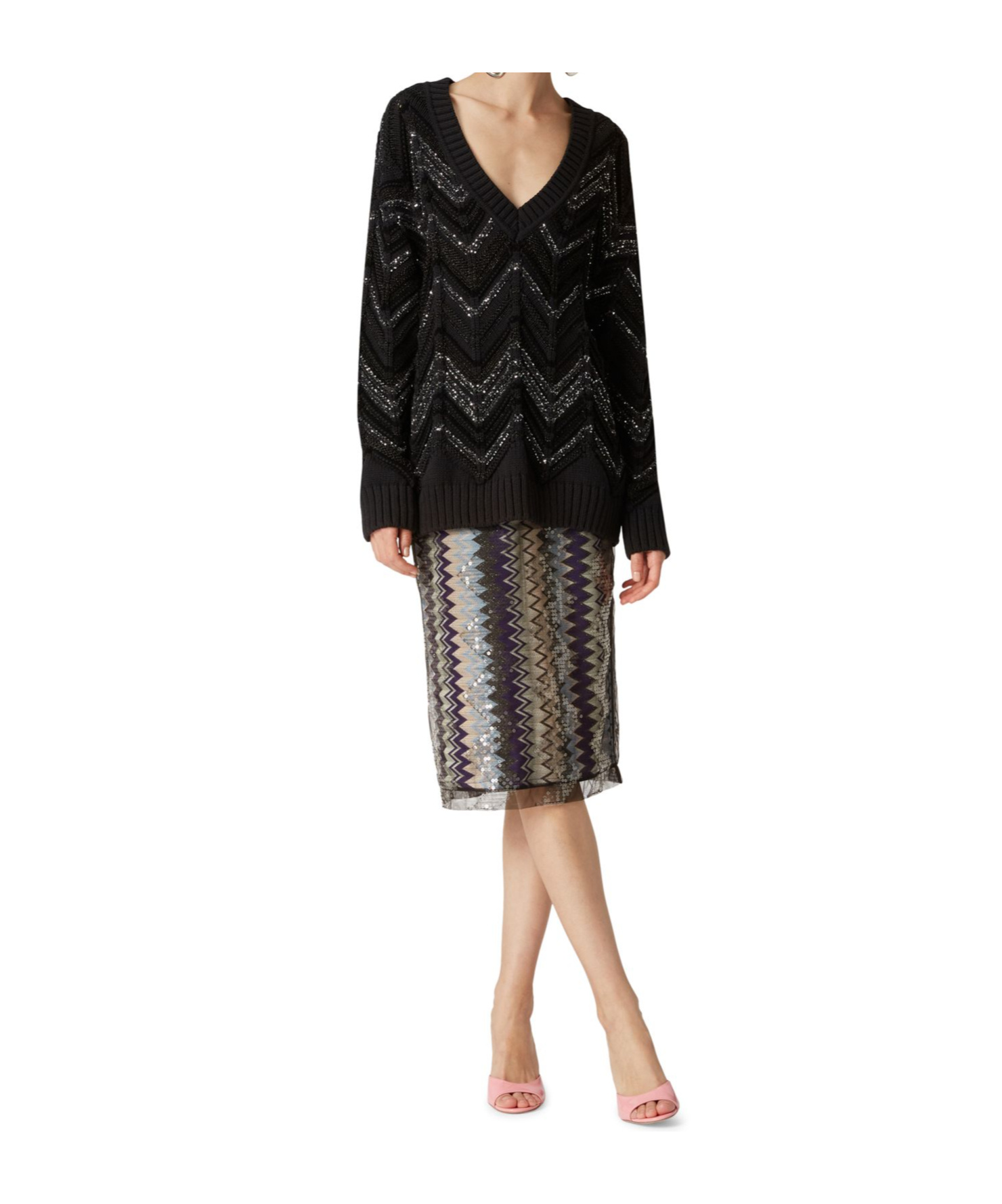 Missoni Pailletten-midirock Mit Zickzackmuster In Gray