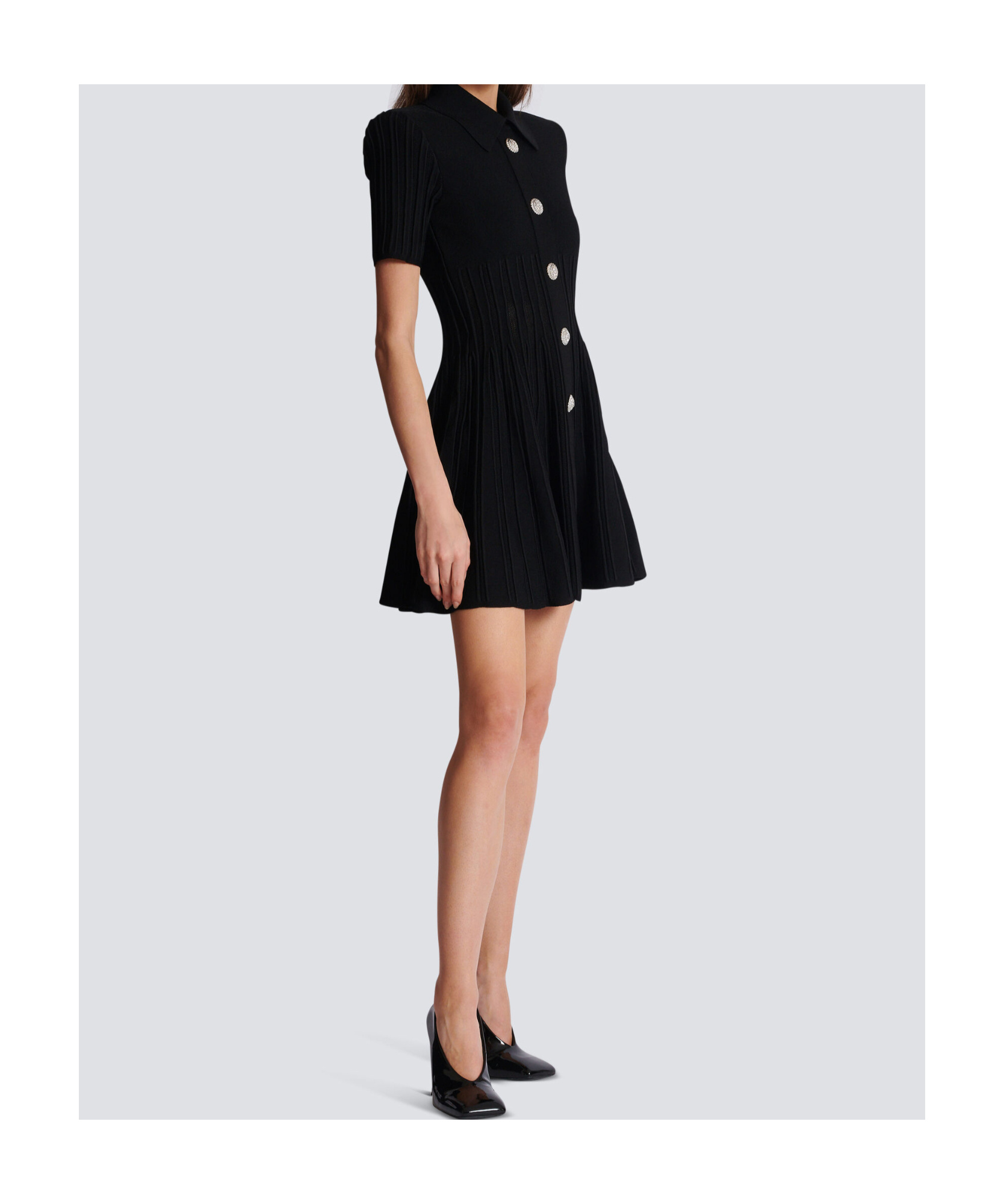 Balmain Short-sleeve Button-front Ribbed Knit Mini Shirtdress In Black